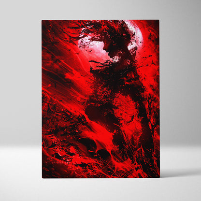 Vibrant red and black abstract canvas art featuring a stylized silhouetted figure with swirling gothic design