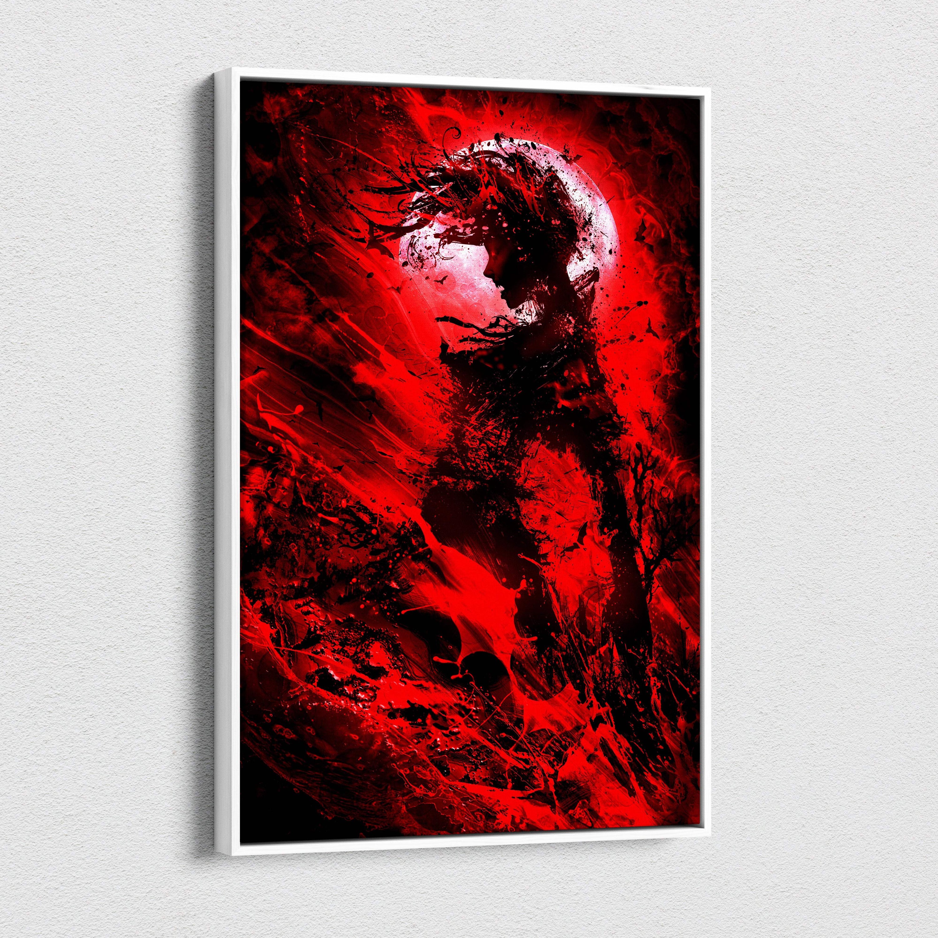 Crimson moon shadow figure canvas art featuring a red and black abstract silhouette in a sleek white frame