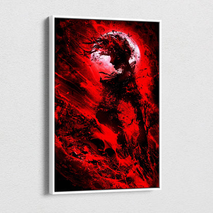 Crimson moon shadow figure canvas art featuring a red and black abstract silhouette in a sleek white frame