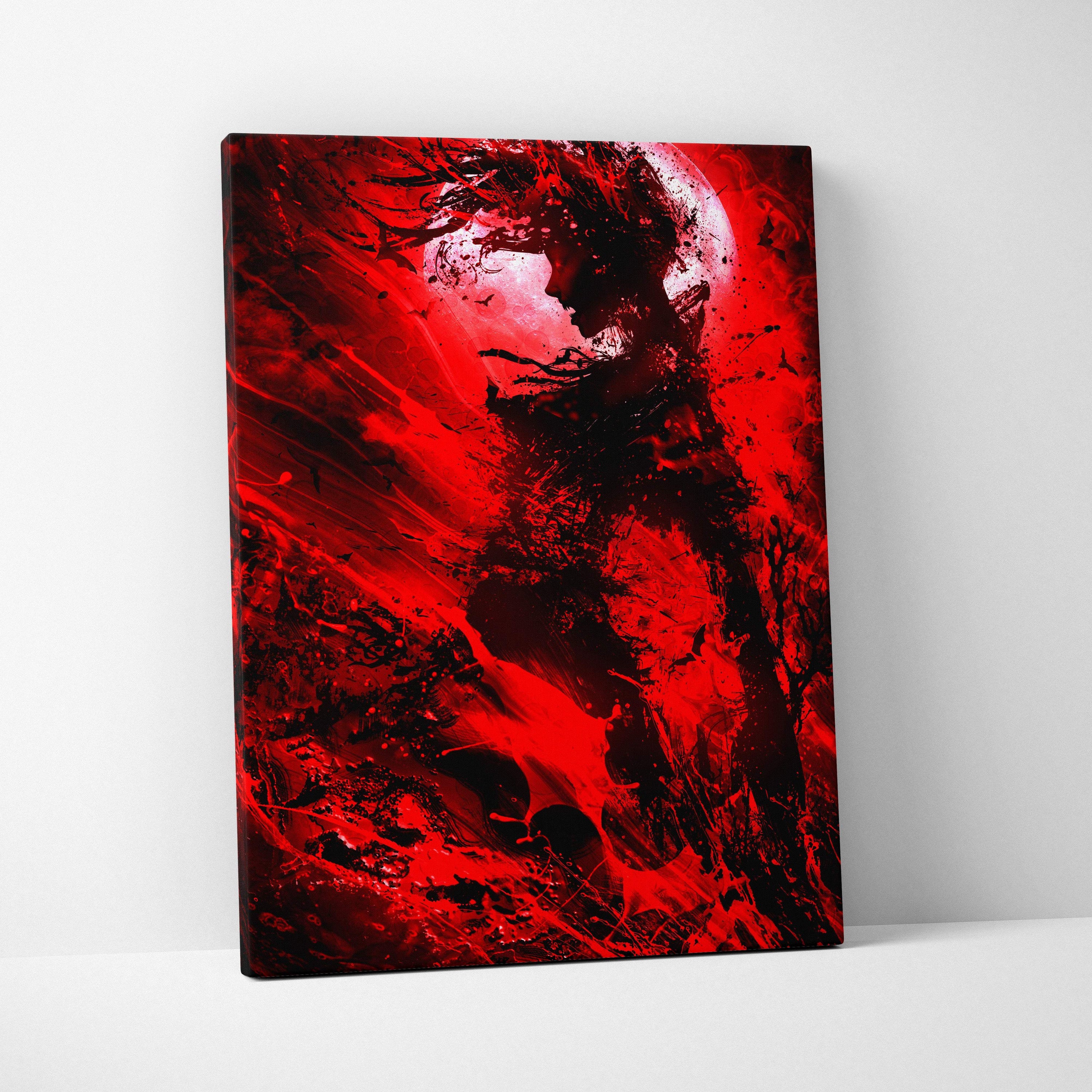 Crimson moon shadow figure canvas art with vibrant red and black abstract splashes for dark gothic decor