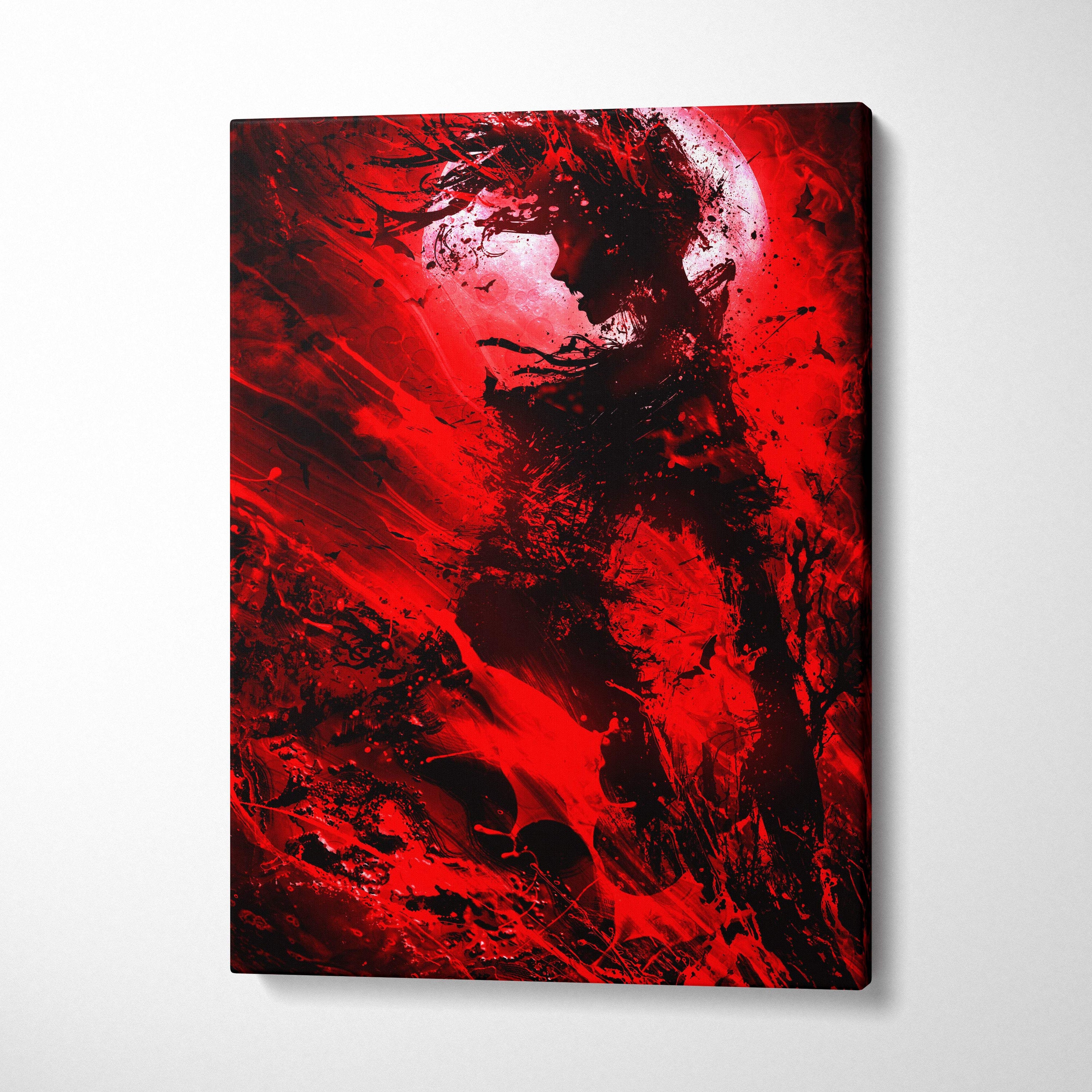 A striking red and black abstract canvas art with a dramatic silhouette against a glowing moon for gothic decor