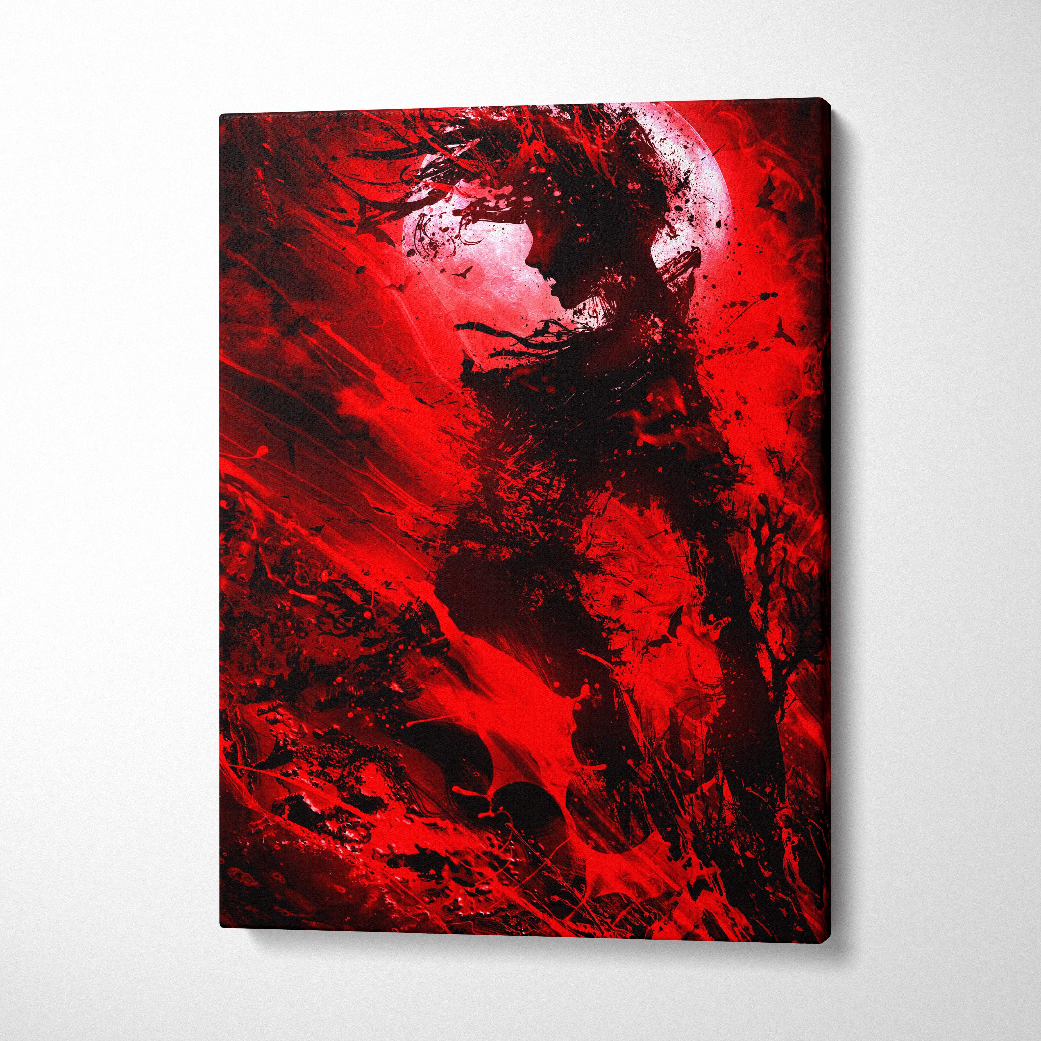 A striking red and black abstract canvas art with a dramatic silhouette against a glowing moon for gothic decor
