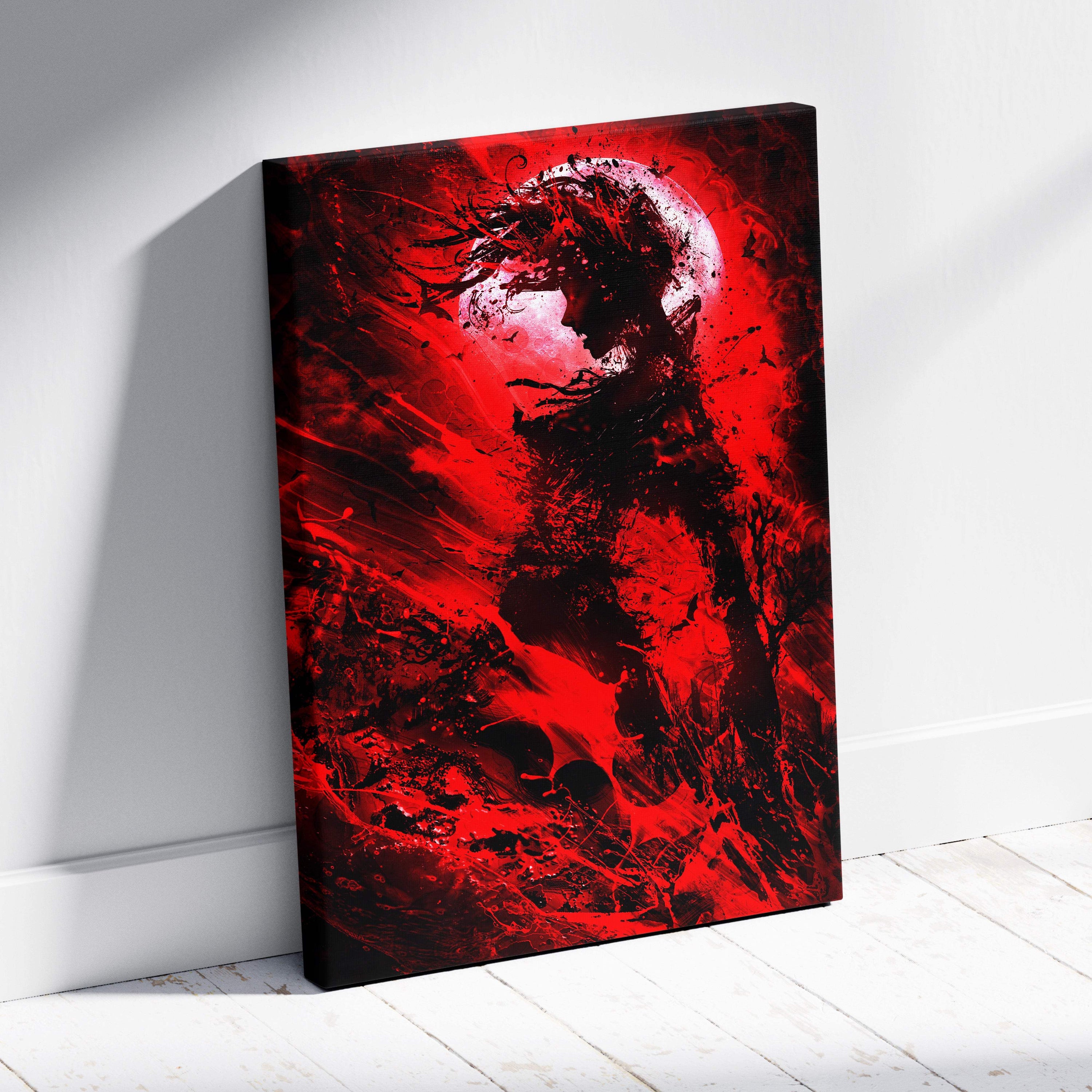 Crimson moon shadow figure canvas art with vibrant red and black swirling abstract gothic silhouette against glowing circle