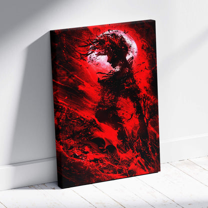 Crimson moon shadow figure canvas art with vibrant red and black swirling abstract gothic silhouette against glowing circle