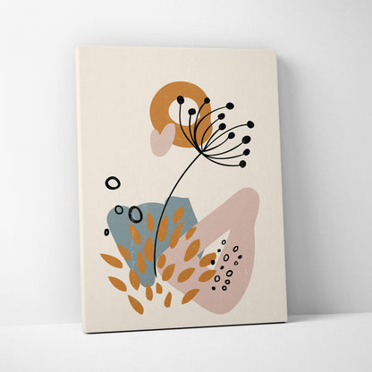 Boho abstract botanical canvas wall art with stylized plants in terracotta dusty blue and beige on cream background