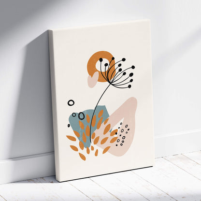 A modern abstract canvas print with stylized botanical elements in terracotta dusty blue and neutral beige colors