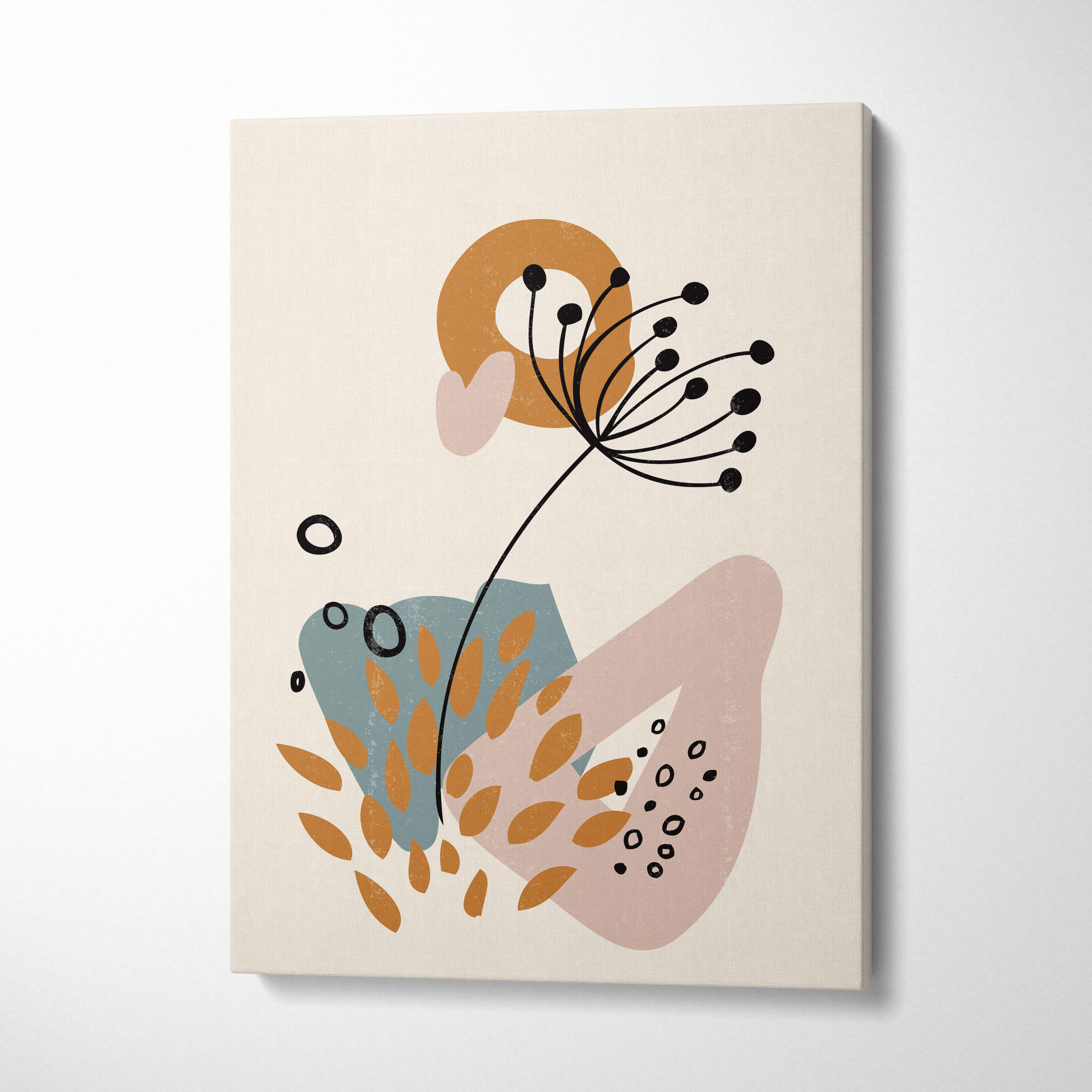 Beige canvas wall art featuring abstract botanical dandelion in black orange pink with dusty blue and terracotta shapes