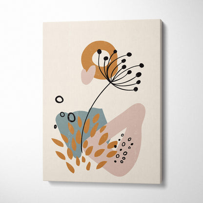 Beige canvas wall art featuring abstract botanical dandelion in black orange pink with dusty blue and terracotta shapes