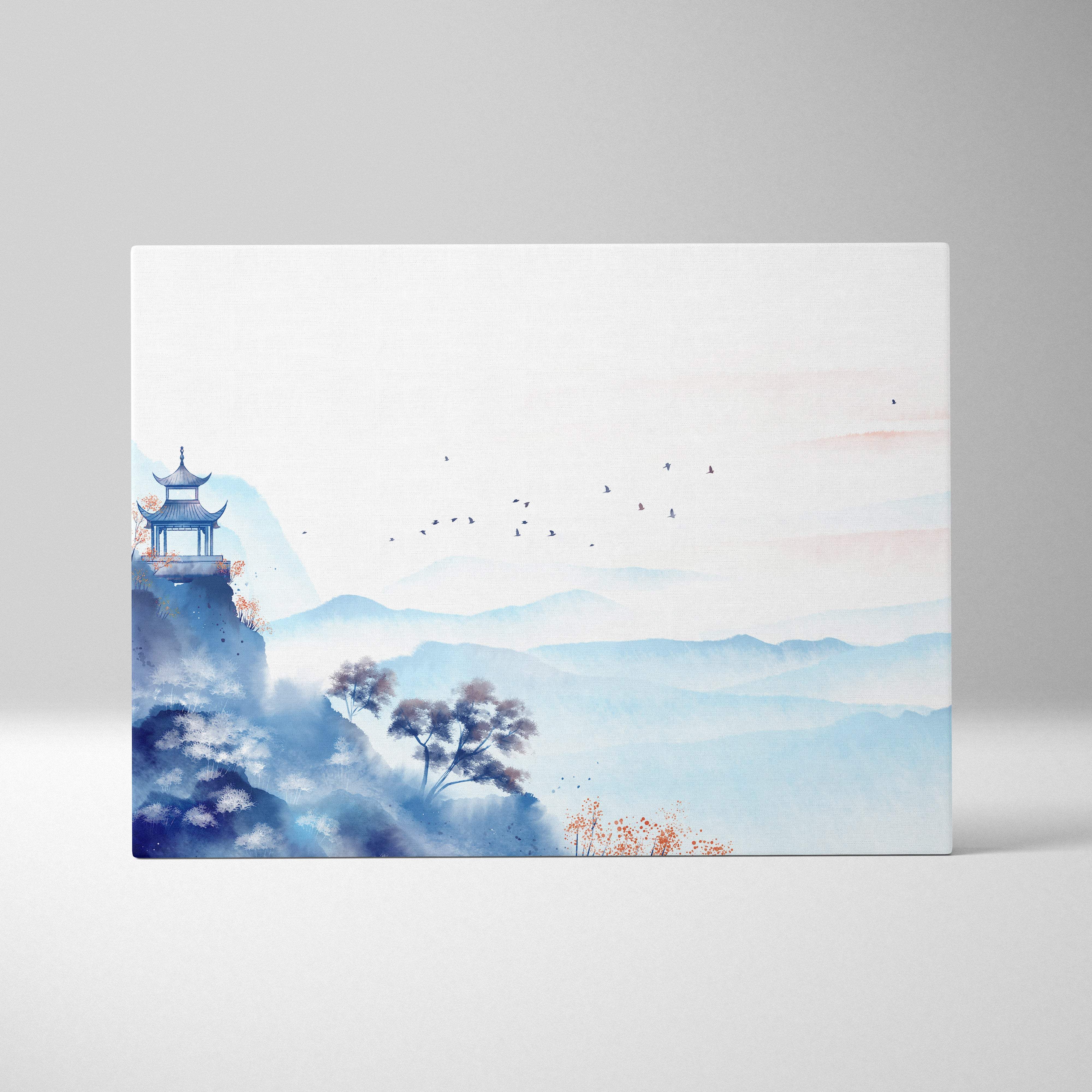 Blue mountain pavilion rectangular canvas wall art with serene misty blue mountains and a pagoda in soft pastel skies
