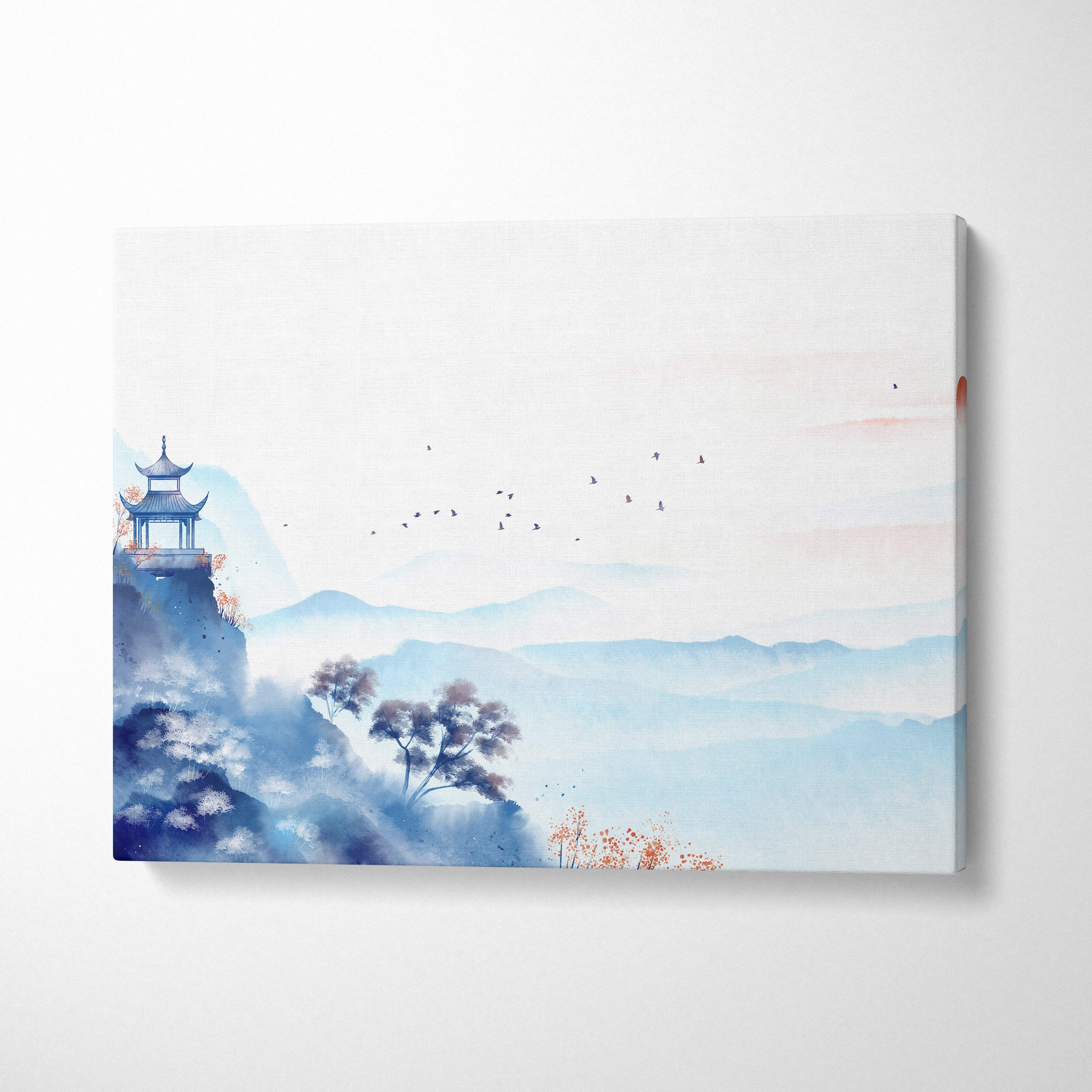 Blue mountain pavilion canvas wall art with serene blue watercolor pagoda and misty mountain landscape decor
