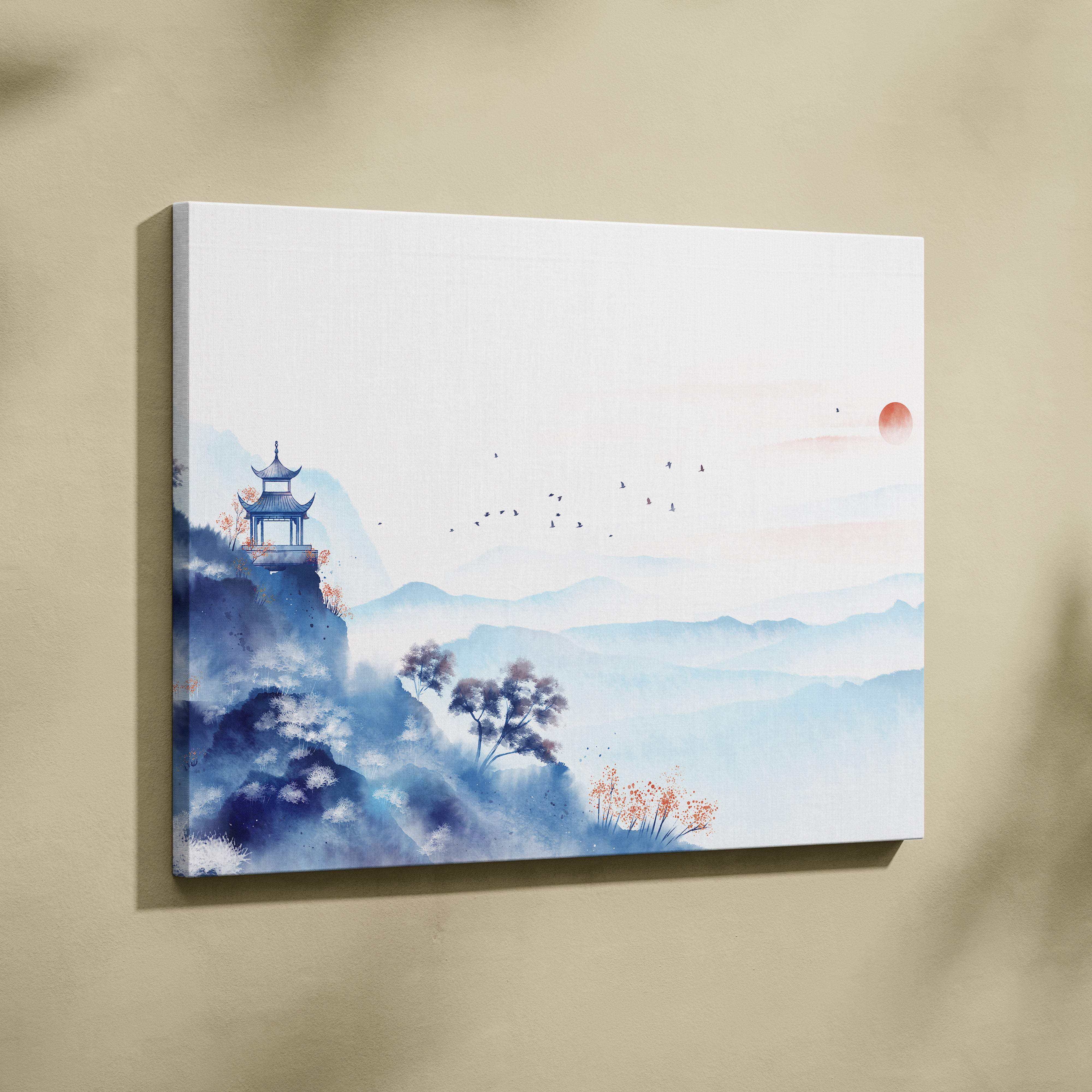 Blue mountain pavilion rectangular canvas print with serene watercolor misty mountains and traditional blue pagoda decor