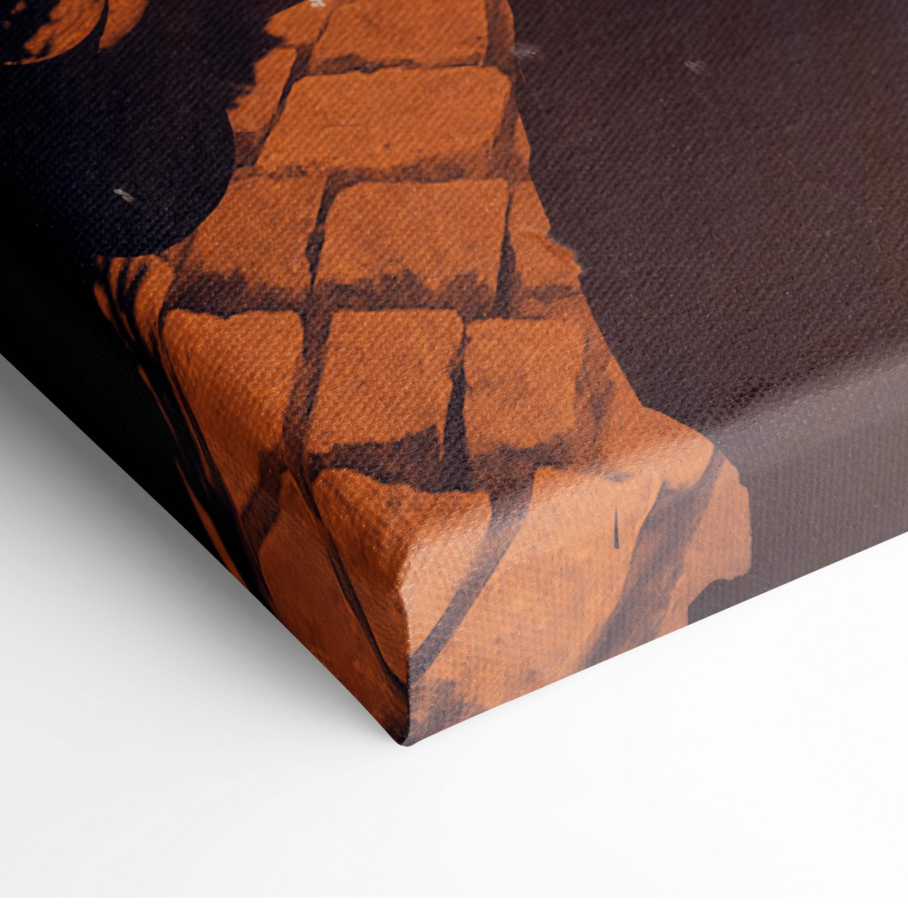 Golden light forest warrior canvas art featuring textured orange brown stone pathway with dark grout on black background
