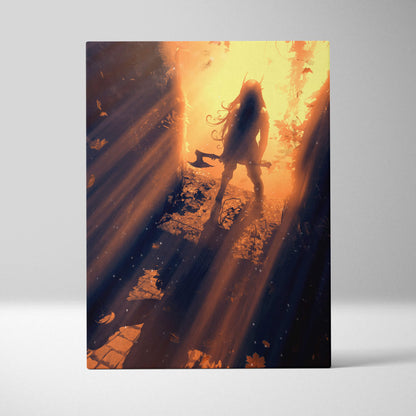 A rectangular canvas print of a fantasy long-haired horned figure with an axe in a sunlit autumn forest path