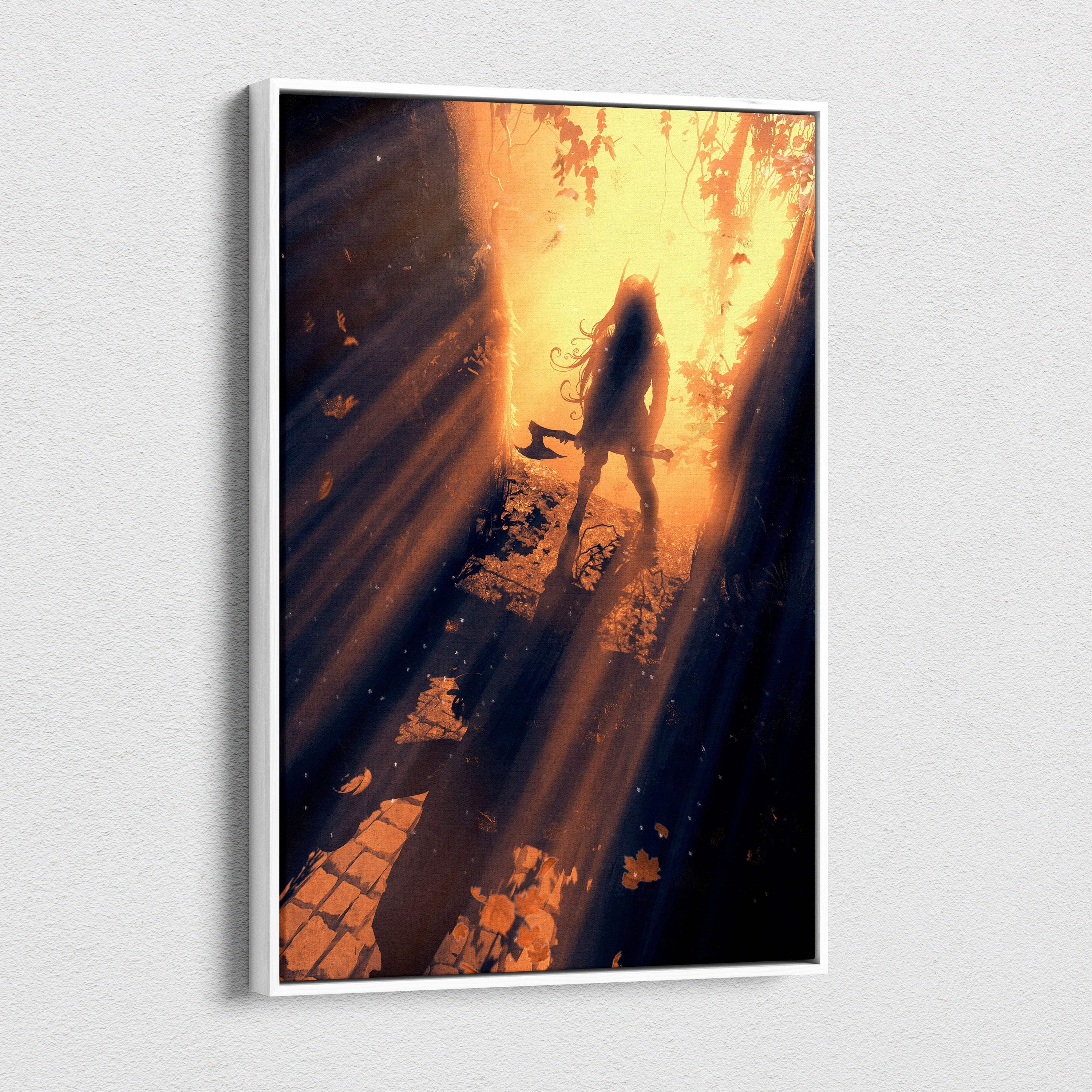 A framed canvas artwork showing a silhouette of a warrior with an axe in a sunlit autumn forest path
