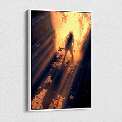 A framed canvas artwork showing a silhouette of a warrior with an axe in a sunlit autumn forest path