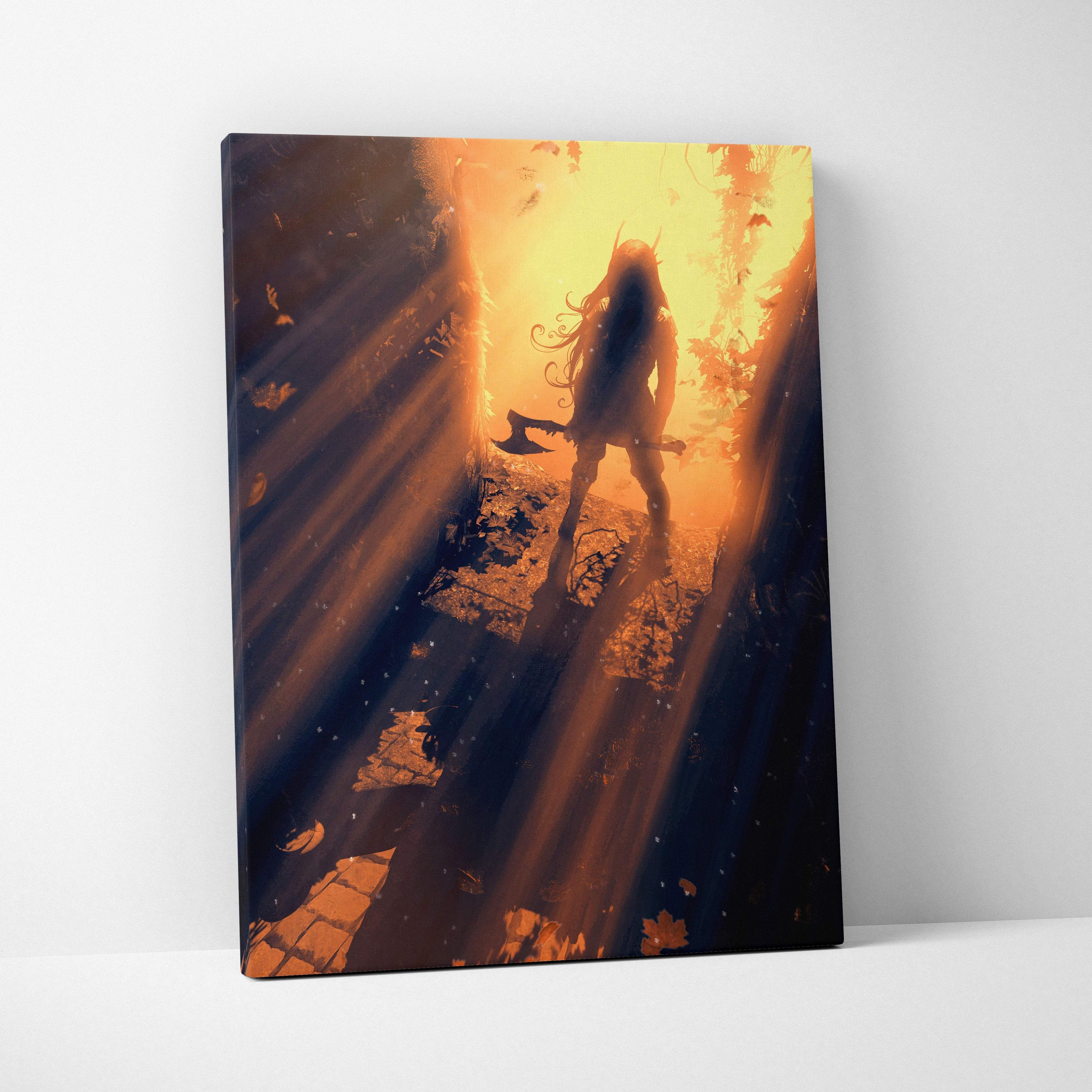 Golden light forest warrior canvas art featuring a fantasy warrior with long hair and an axe in sunlit autumn woods