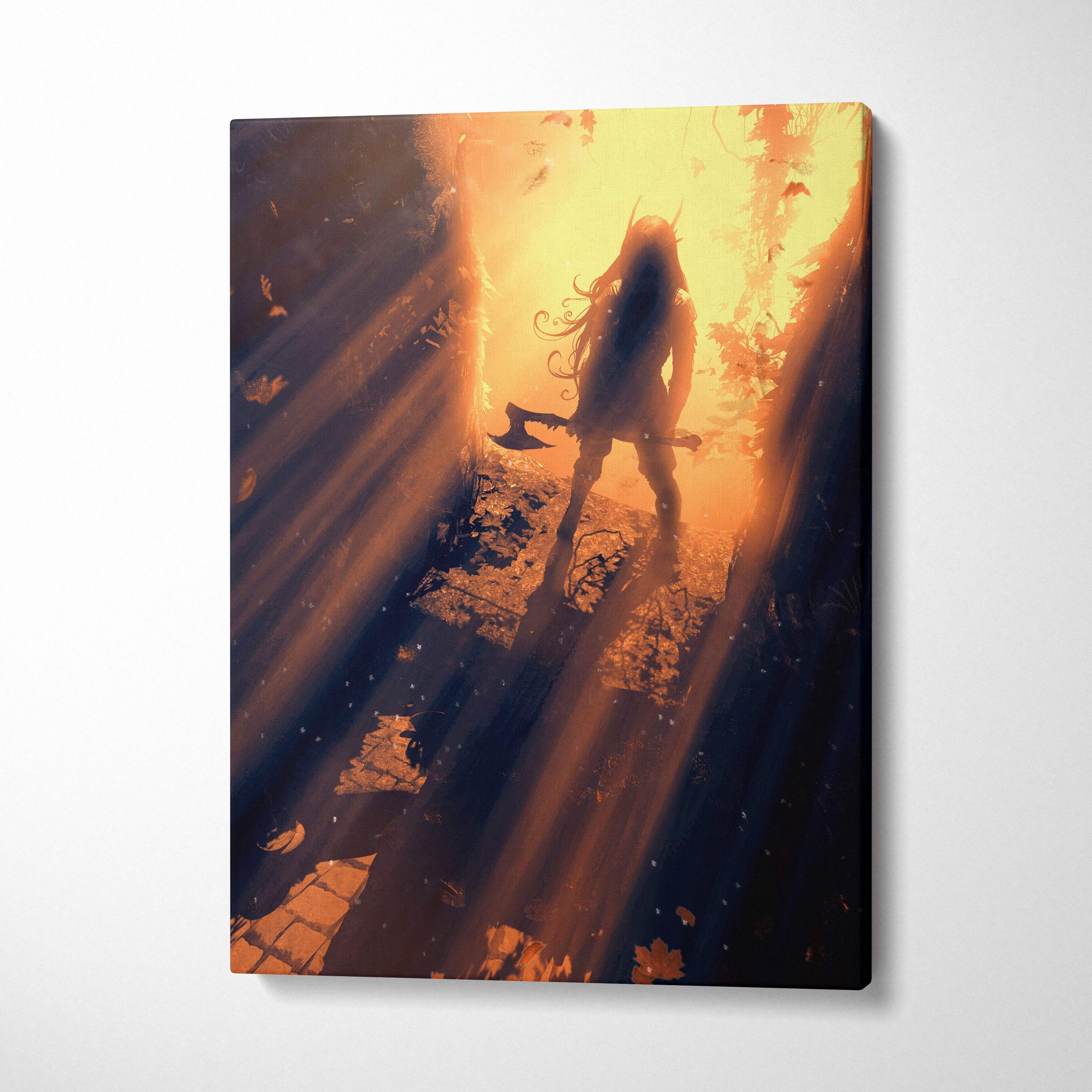 Orange and gold fantasy canvas art of a warrior with long hair holding an axe in a mystical autumn forest scene