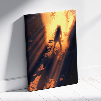 A rectangular canvas print of a warrior silhouette with an axe on a sunlit golden forest path in warm autumn colors