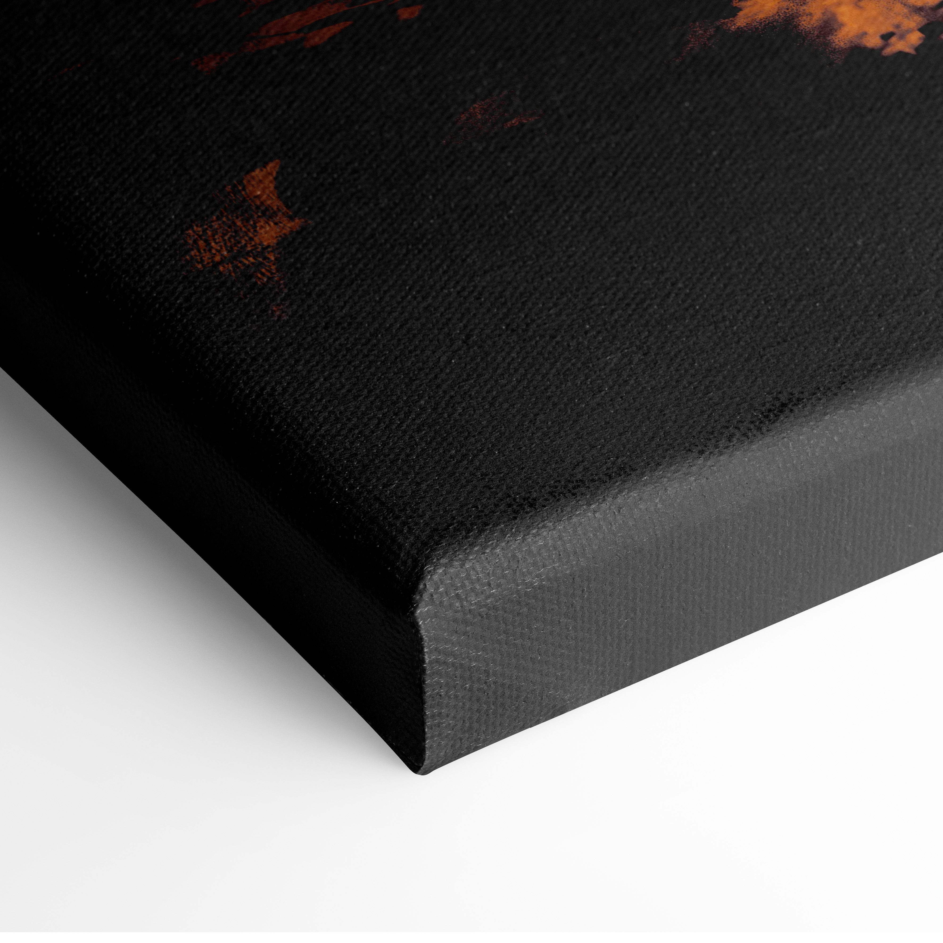 Black canvas print with textured surface and subtle orange accents golden portal warrior fantasy wall art