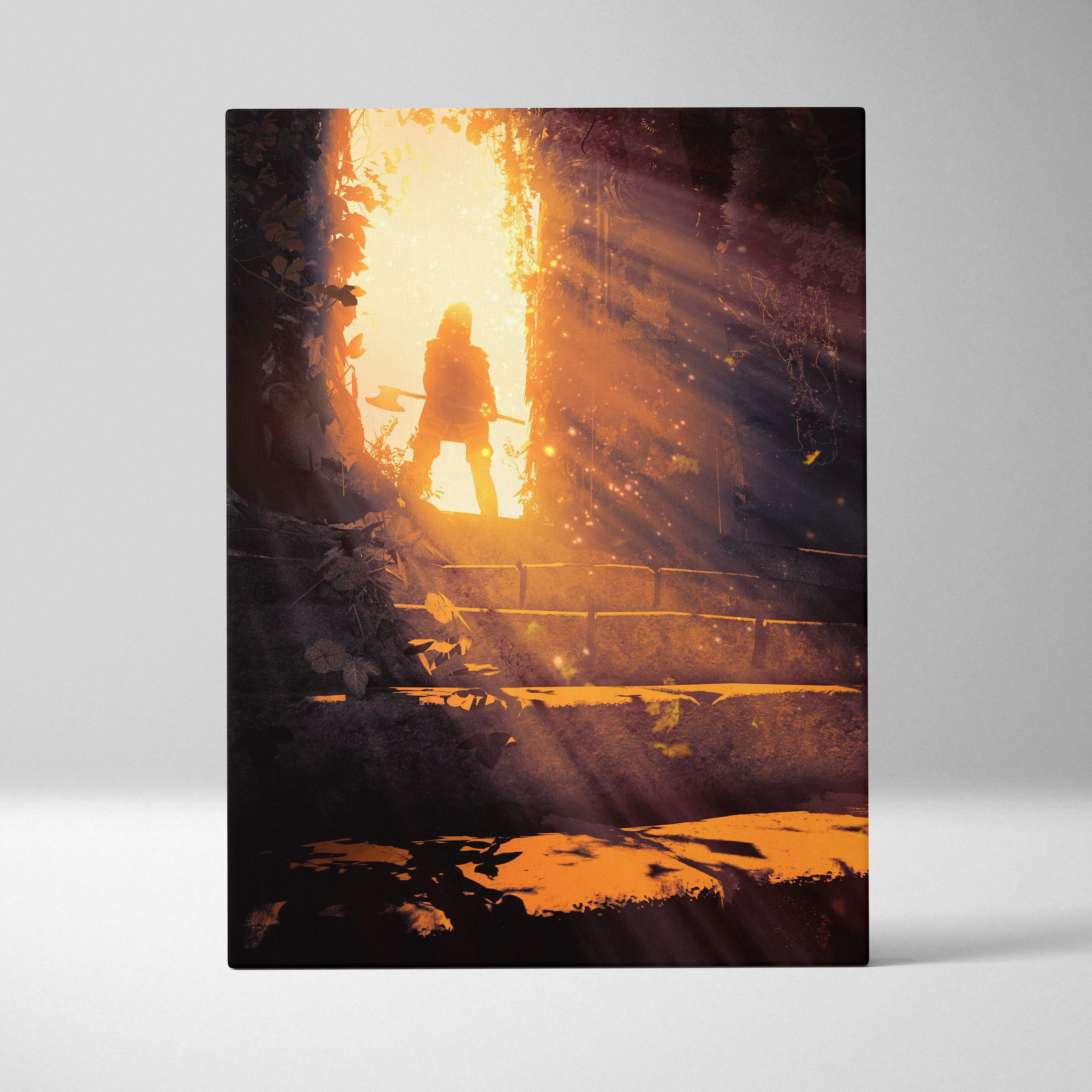 A rectangular canvas print featuring a lone warrior silhouette with axe in warm sunlight at a mystical ruins entrance