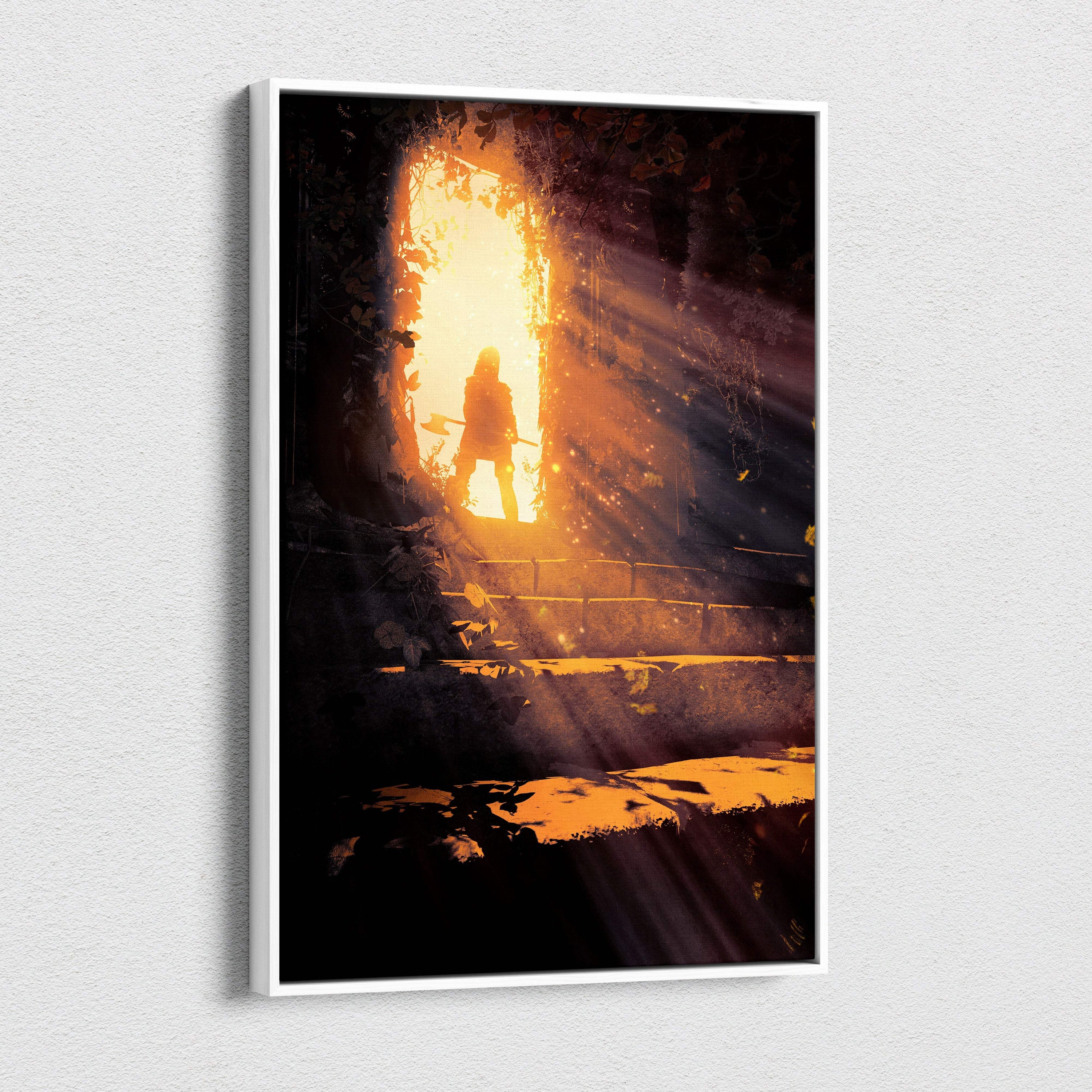 Golden portal warrior canvas art depicting a silhouetted figure with an axe at an ancient doorway in warm sunlight