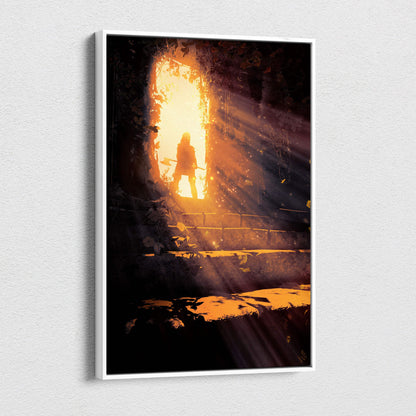 Golden portal warrior canvas art depicting a silhouetted figure with an axe at an ancient doorway in warm sunlight