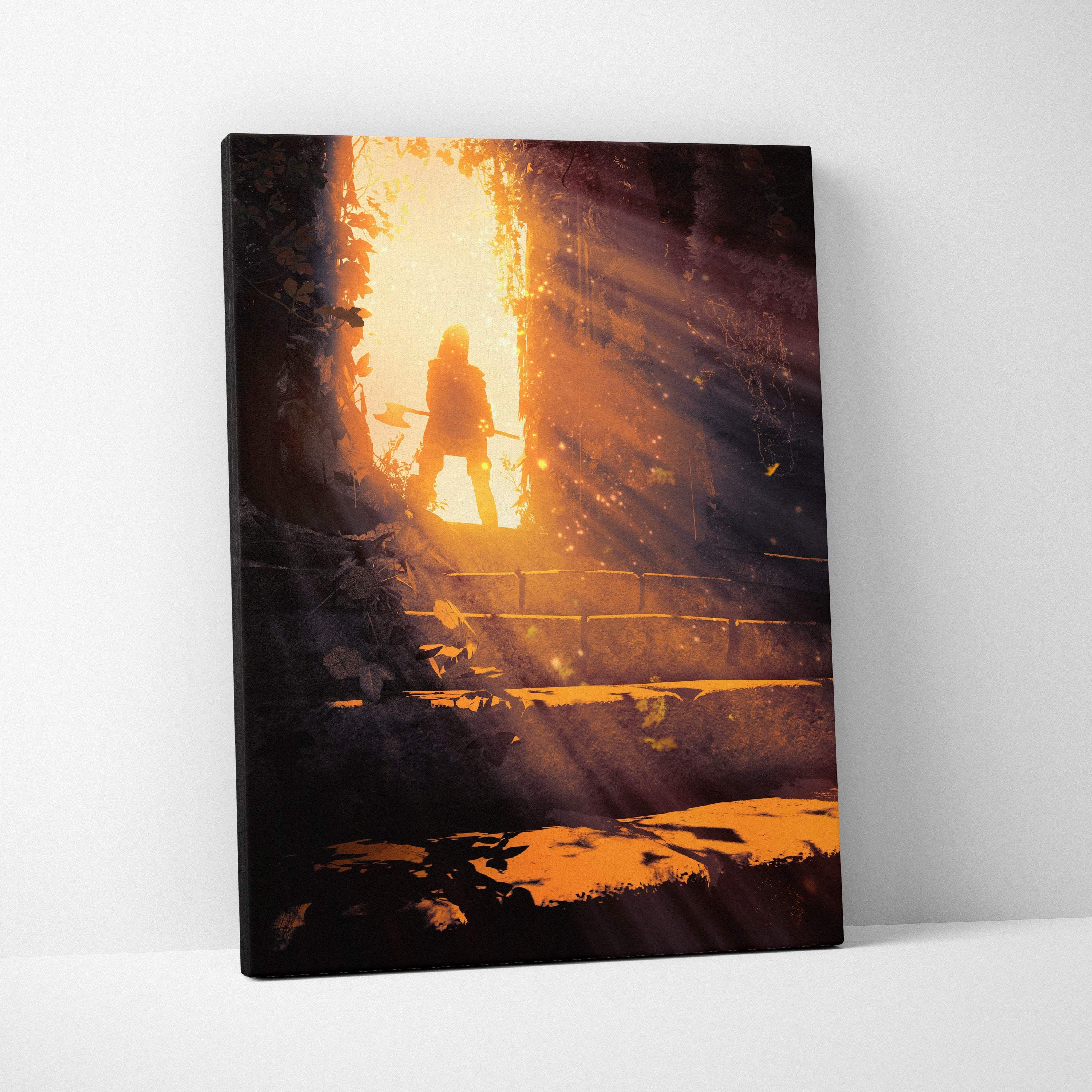 Golden portal warrior rectangular canvas art with glowing fantasy silhouette and warm sunlight rays in mystical ruins