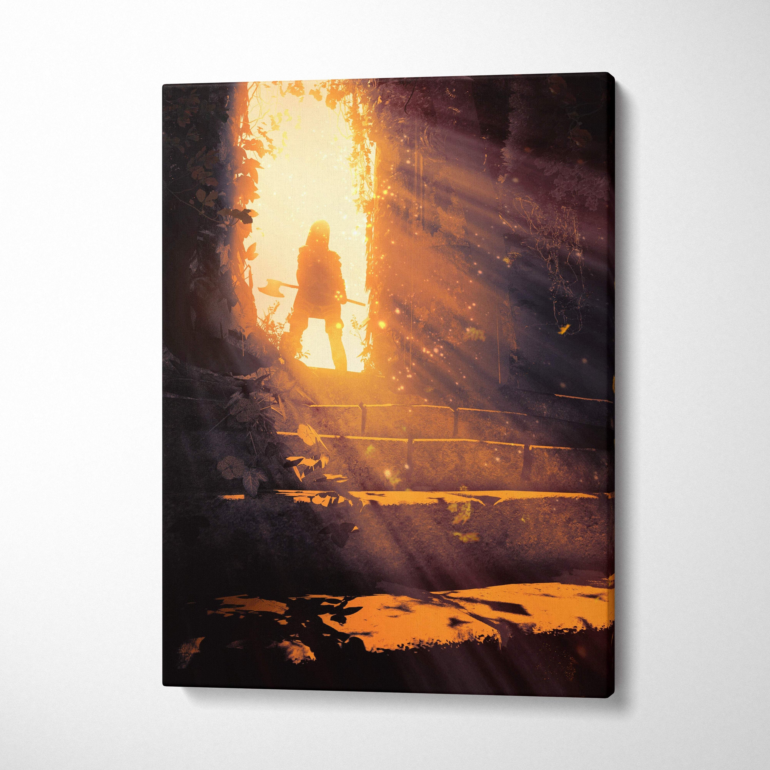Canvas print of a lone warrior silhouette with axe at sunlit ancient ruin entrance in warm golden light