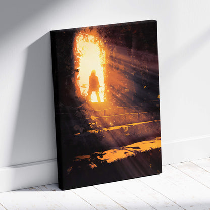 A framed canvas print of a lone warrior with an axe at a sunlit ancient doorway with golden rays glowing fantasy art