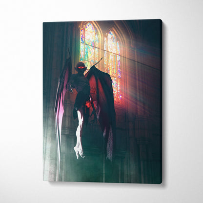 Dark winged figure with glowing red eyes in gothic cathedral stained glass on gothic demon canvas print wall art