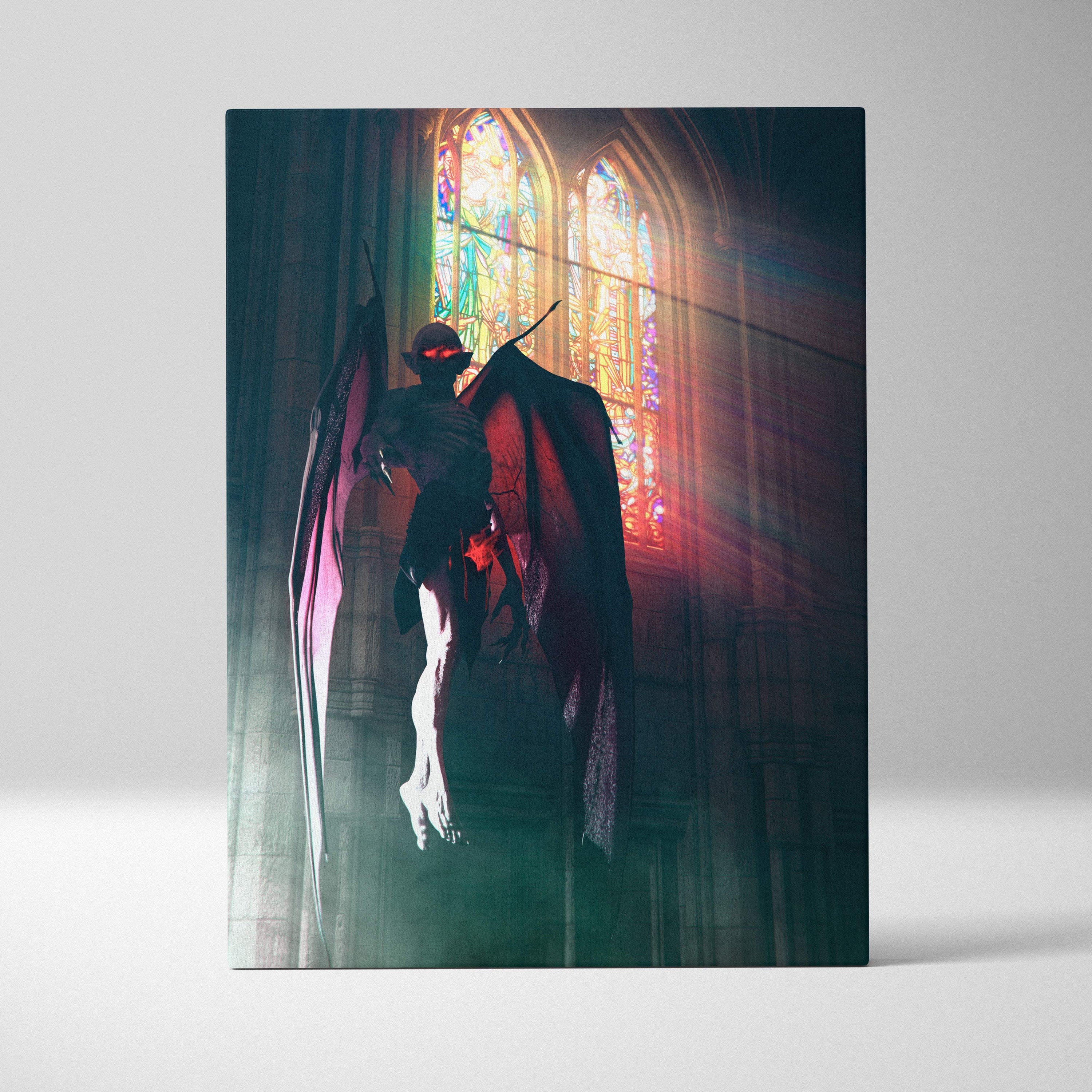 Gothic demon canvas print featuring a dark winged figure with glowing red eyes in a cathedral stained glass setting
