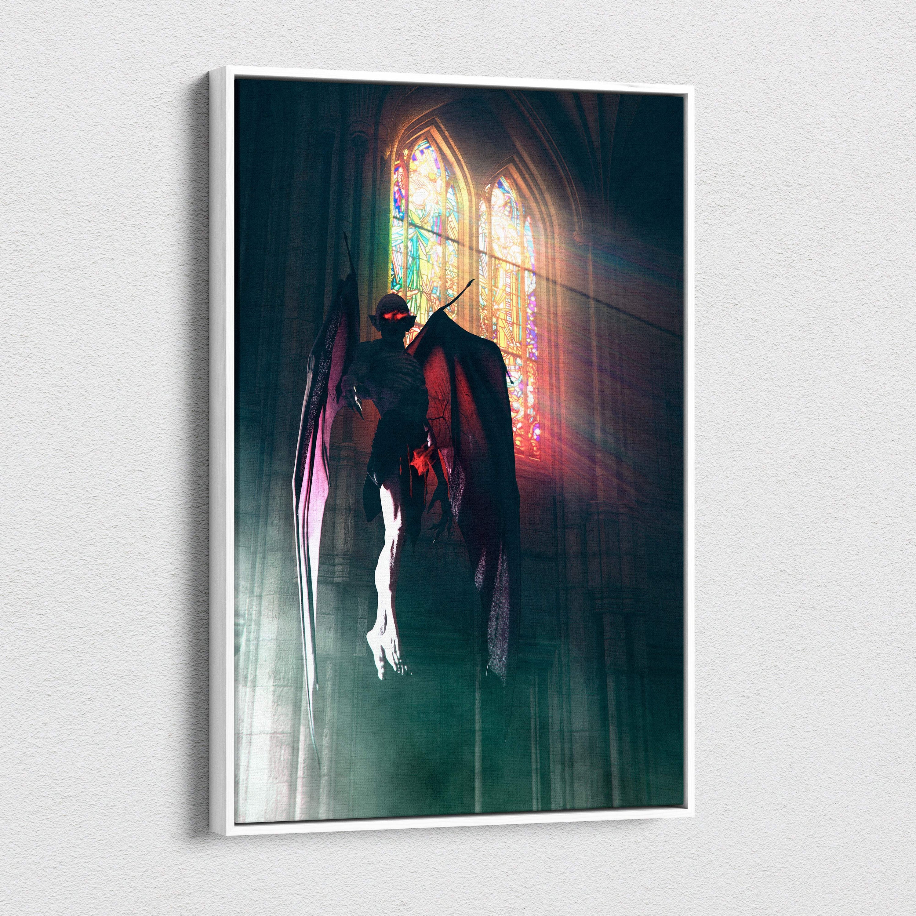 A framed gothic demon canvas print with a dark winged figure and glowing red eyes in front of stained glass windows