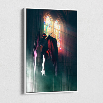 A framed gothic demon canvas print with a dark winged figure and glowing red eyes in front of stained glass windows