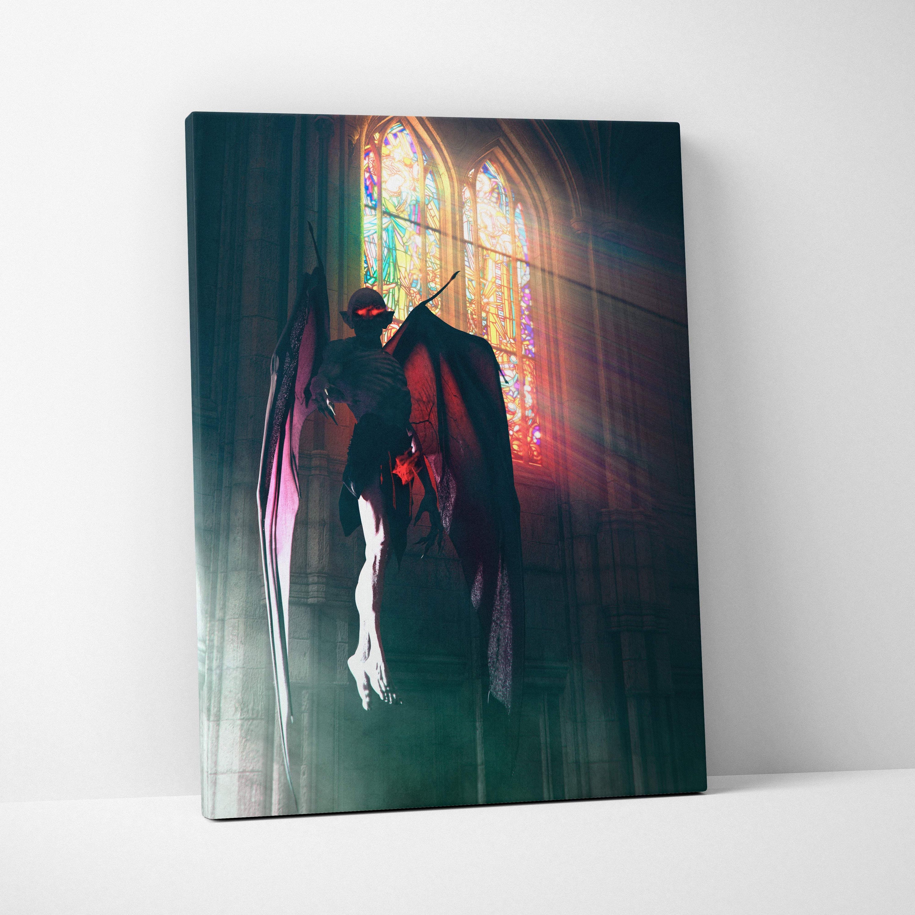 Gothic demon canvas print featuring a dark winged figure with glowing red eyes in a cathedral stained glass setting