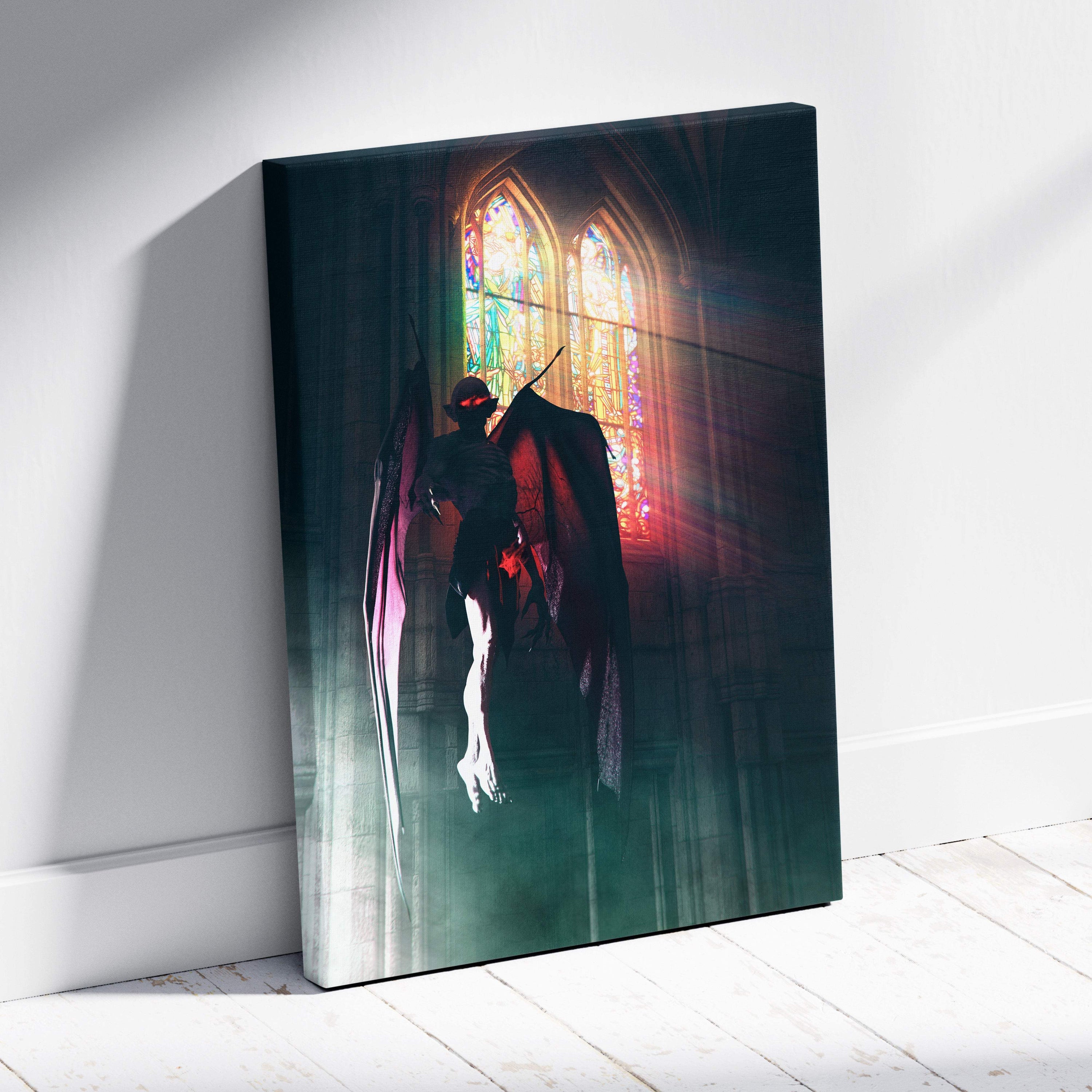 Gothic demon canvas print featuring a dark cloaked winged figure before cathedral stained glass windows wall art