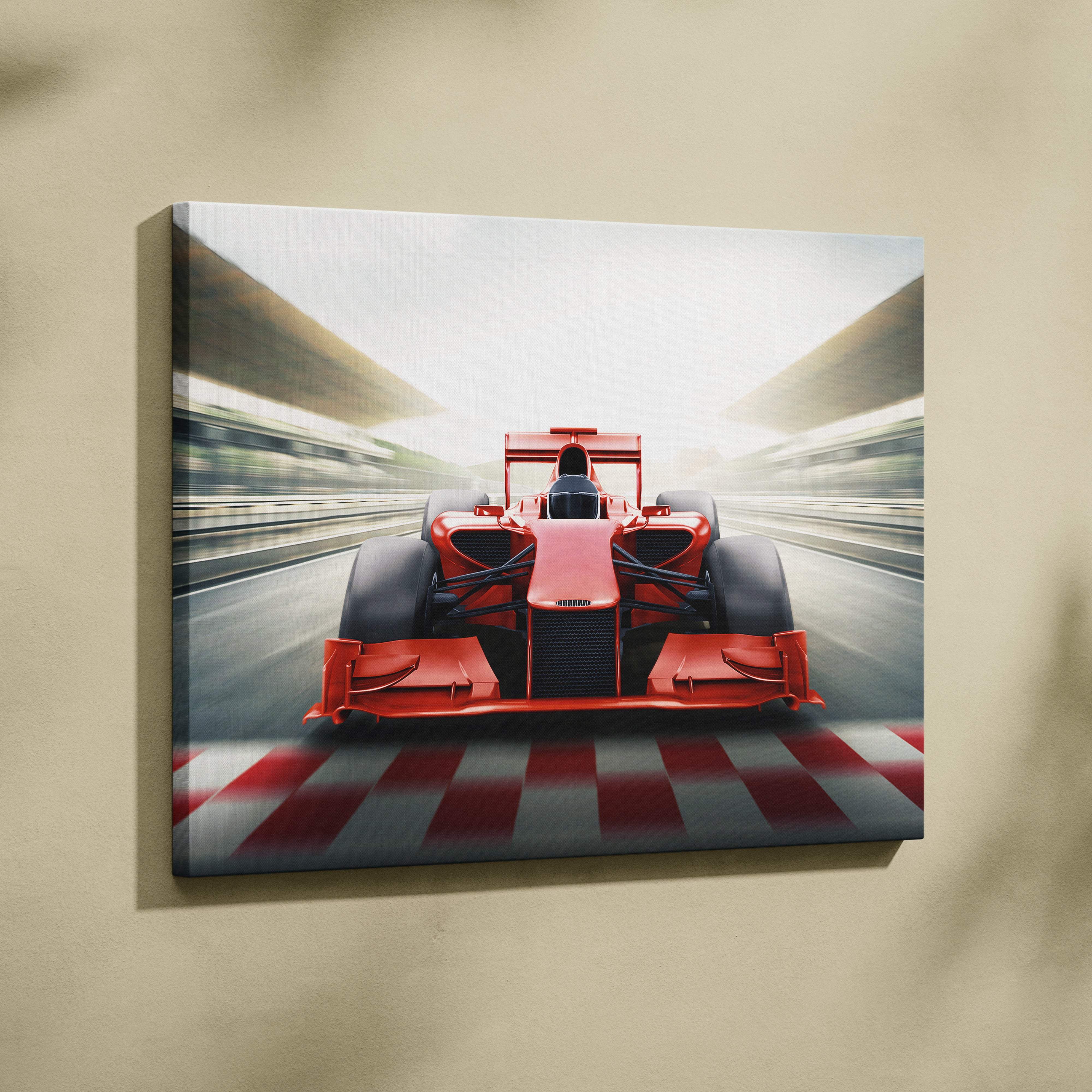 Red formula 1 race car canvas print featuring high speed motorsport digital art for modern garage or office decor