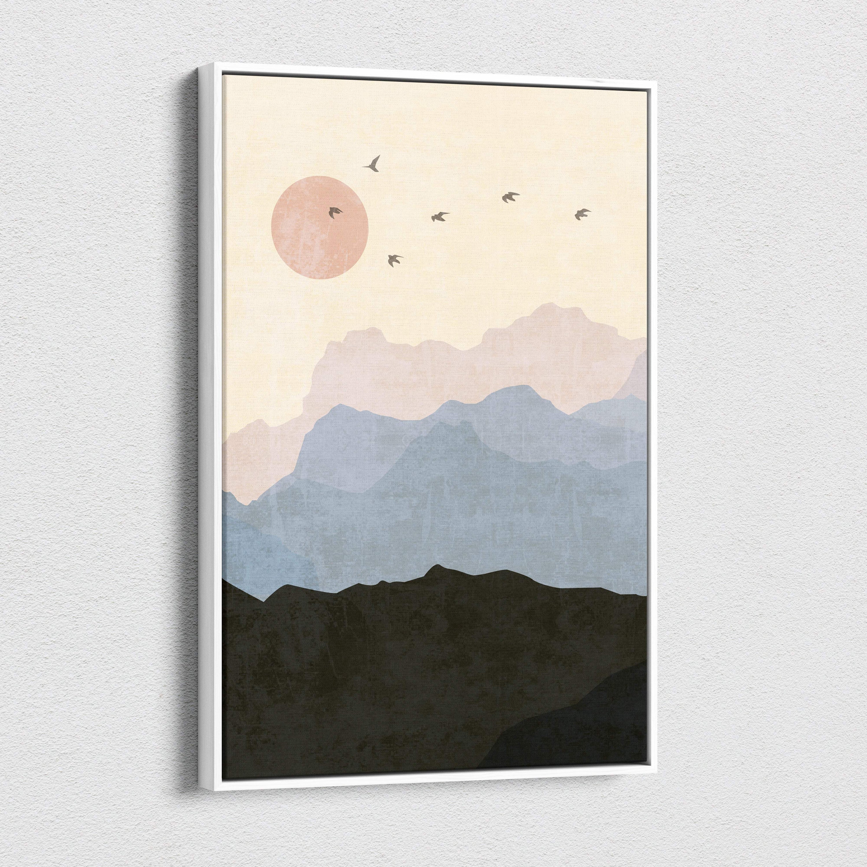 Boho mountain landscape canvas wall art with layered blue and green mountains, peach sun, and birds in beige sky