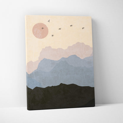 Boho mountain landscape canvas wall art with layered blue and green mountains peach sun and birds on beige sky background