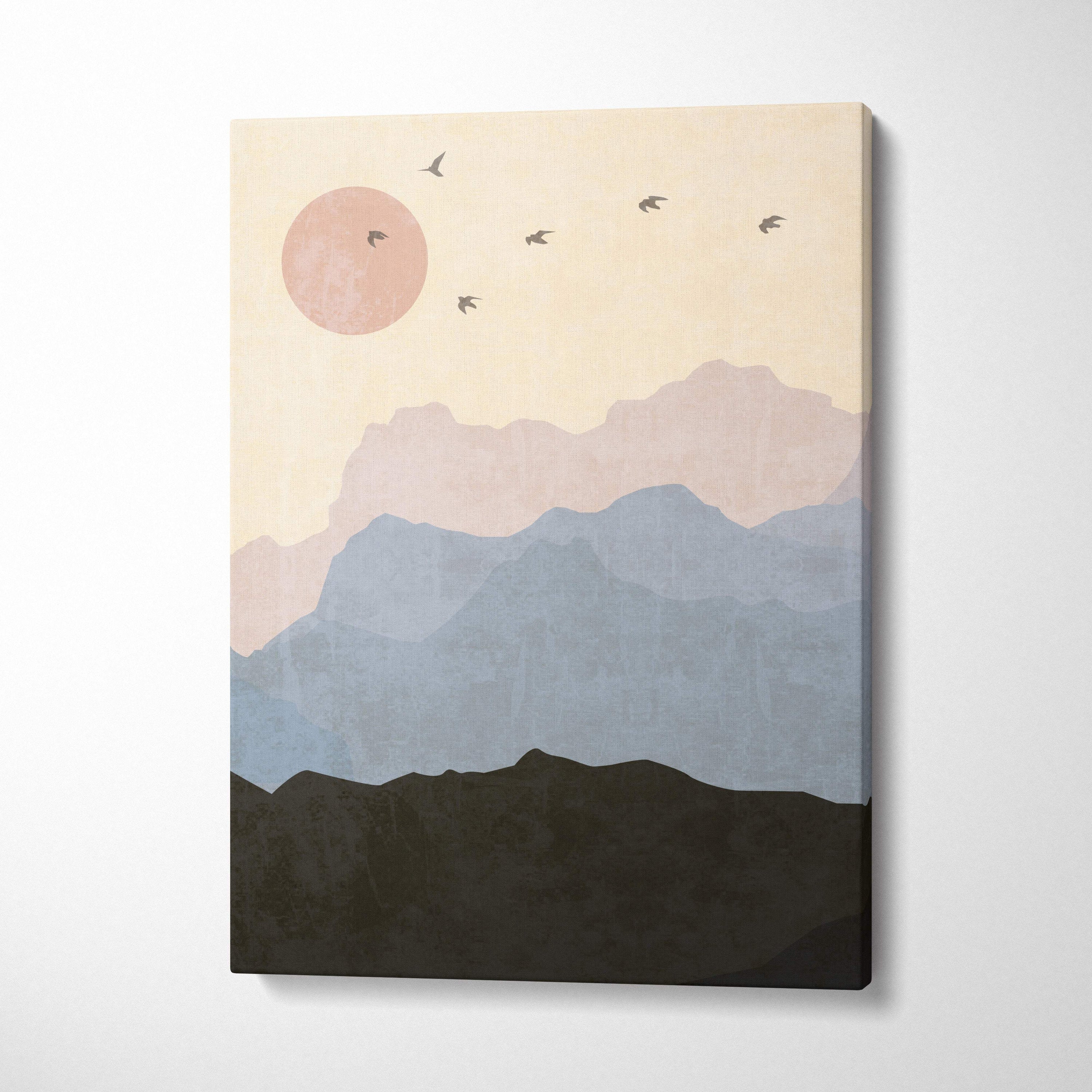 Boho mountain landscape canvas wall art with layered blue and green mountains and peach sun featuring birds for decor