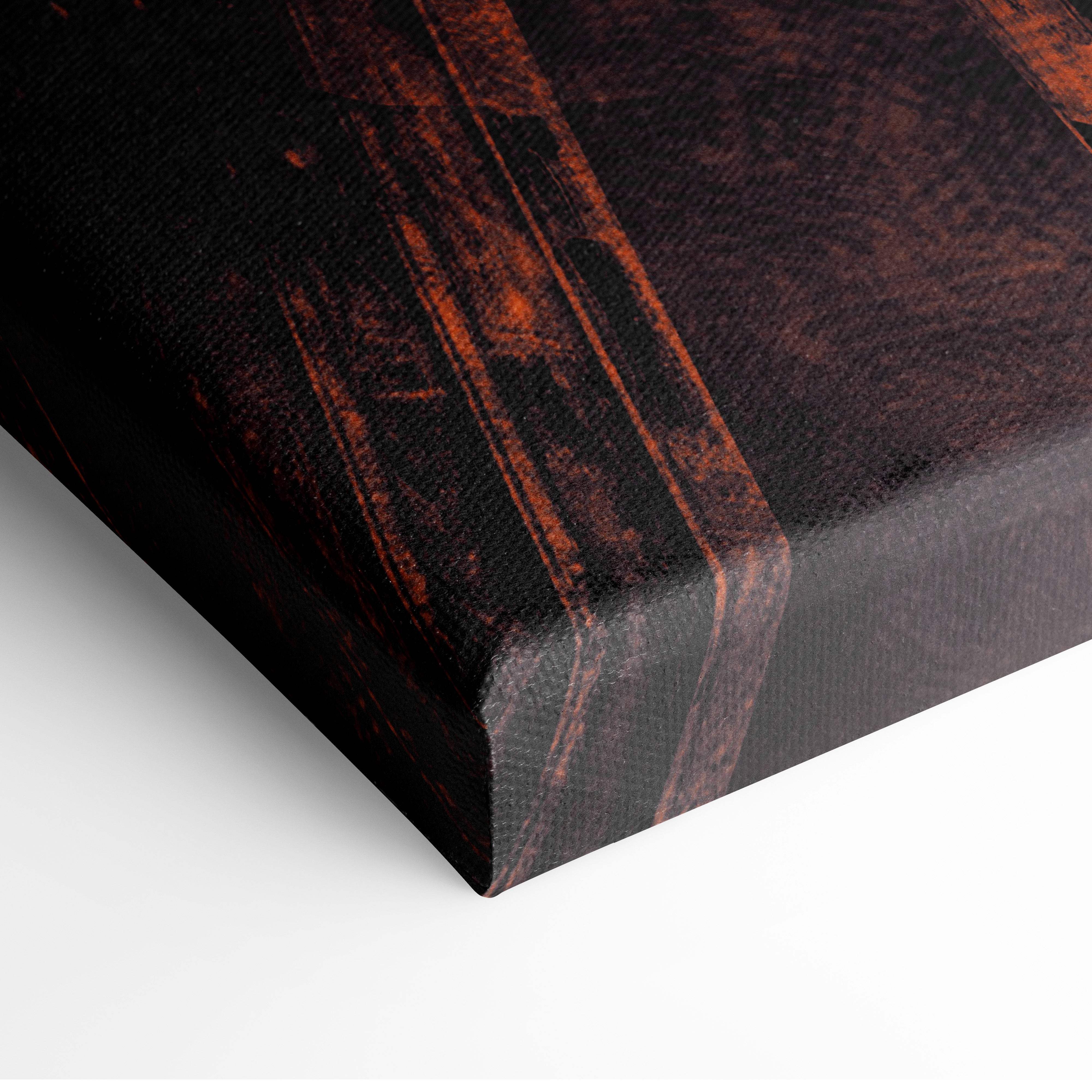 Black canvas print featuring distressed orange wood grain for celestial fallen angel dark gothic fantasy art decor
