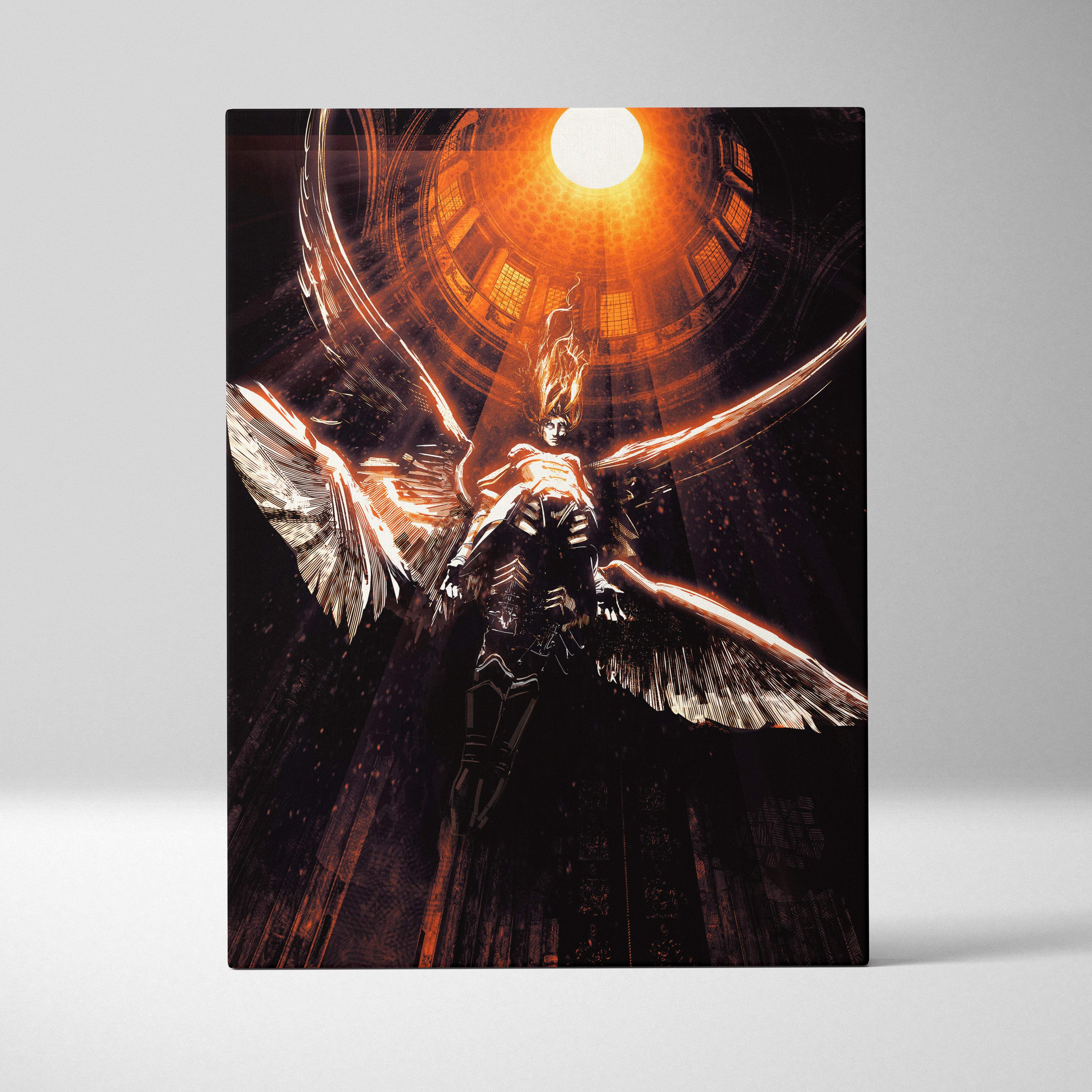Black and orange celestial fallen angel canvas art featuring a winged armored figure with burning wings and radiant halo