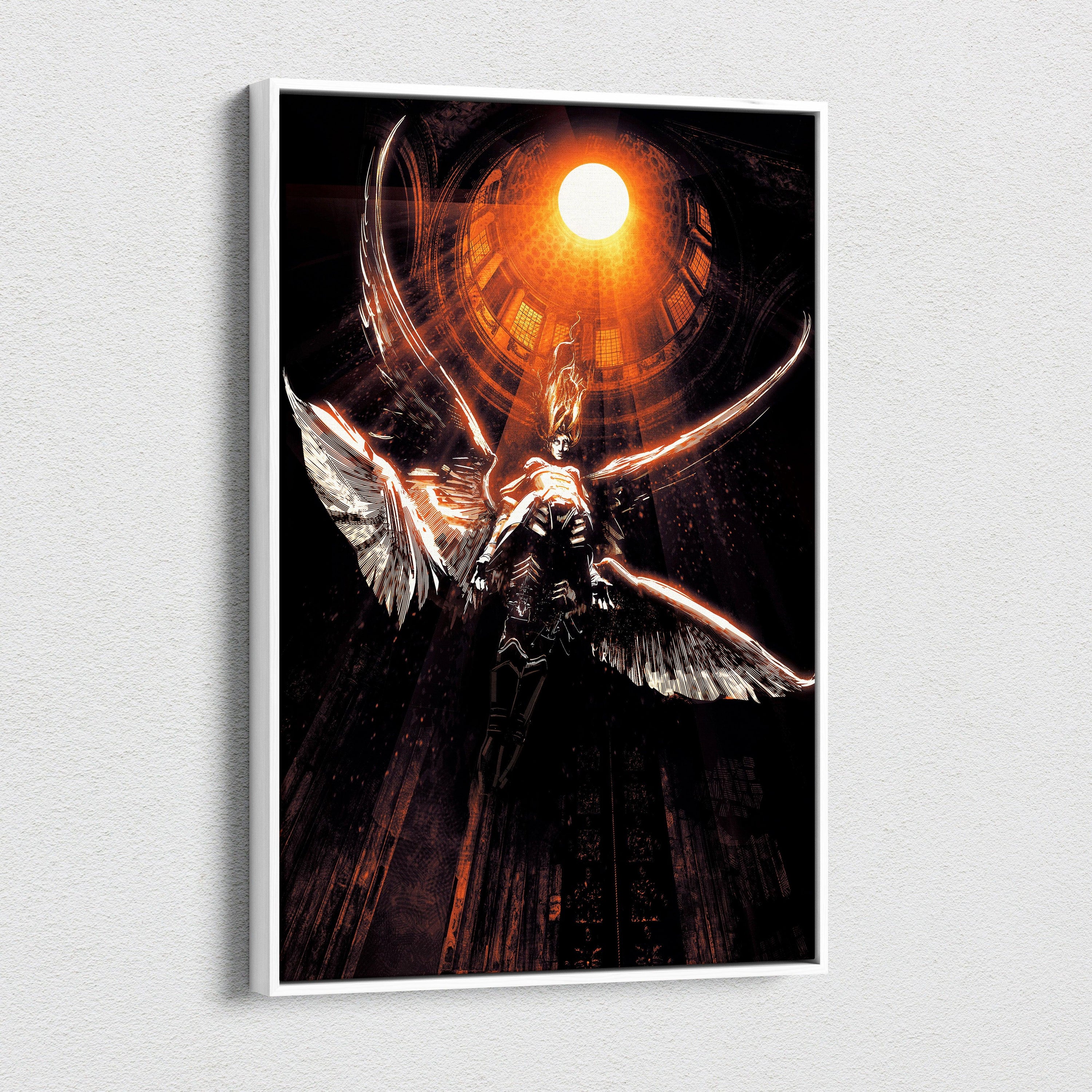 Celestial Fallen Angel Canvas Art – Dark Gothic Fantasy Warrior with Burning Wings, Radiant Sun Halo, Dramatic Cathedral Light, Epic Cinematic Wall Decor