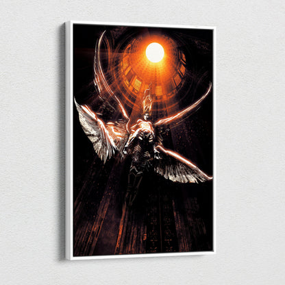 Celestial Fallen Angel Canvas Art – Dark Gothic Fantasy Warrior with Burning Wings, Radiant Sun Halo, Dramatic Cathedral Light, Epic Cinematic Wall Decor