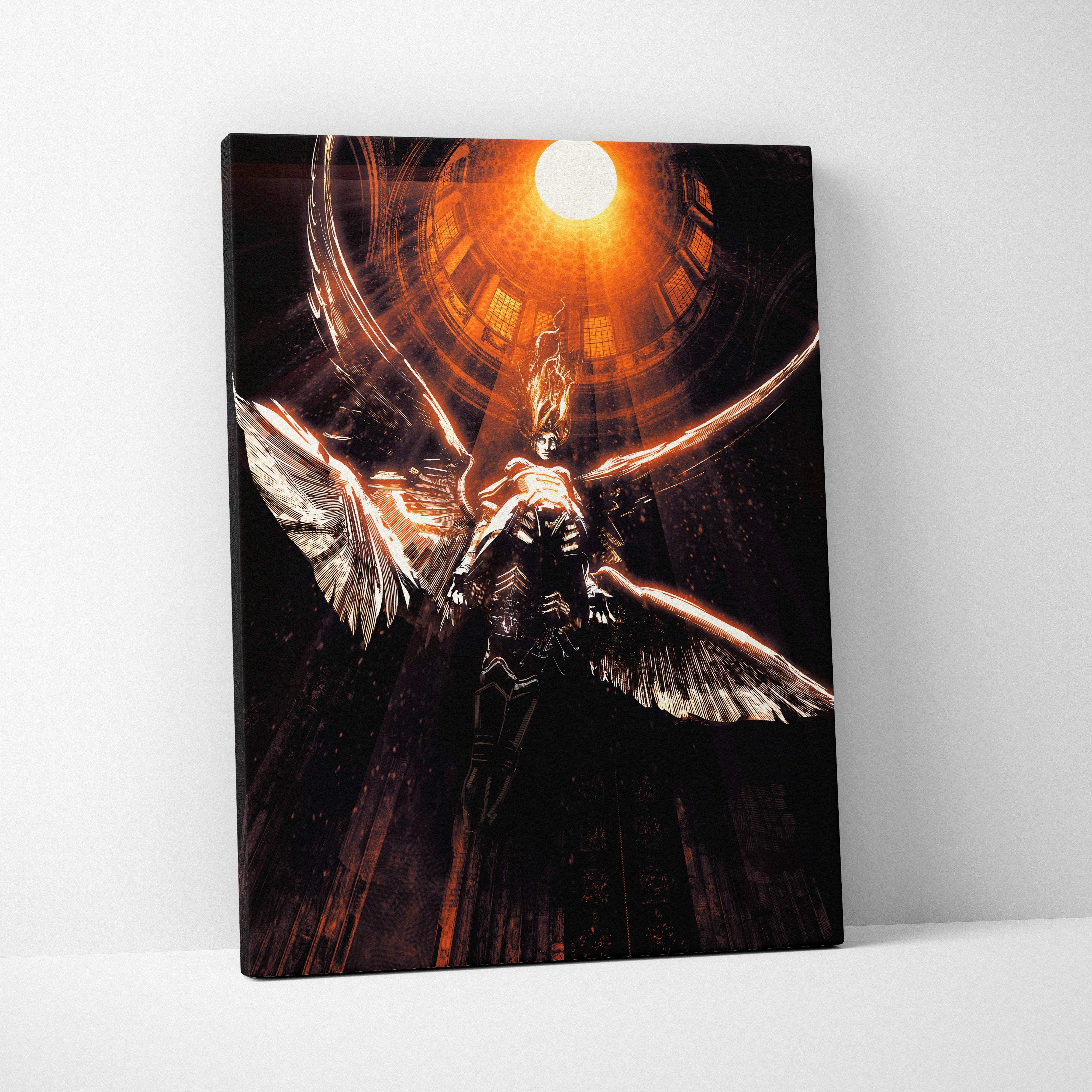 Black canvas print of a celestial fallen angel with burning wings in dark armor illuminated by golden cathedral light