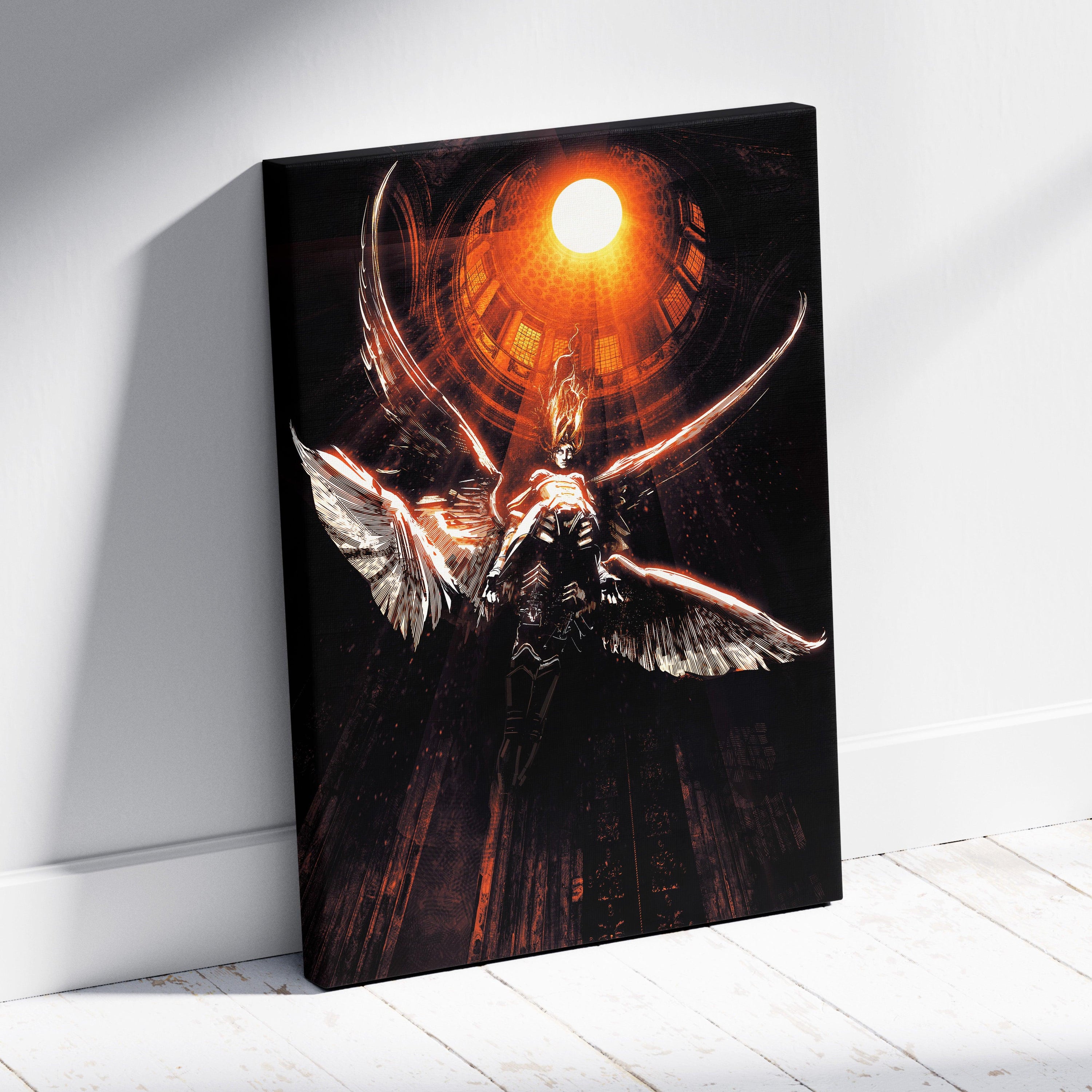 Celestial Fallen Angel Canvas Art – Dark Gothic Fantasy Warrior with Burning Wings, Radiant Sun Halo, Dramatic Cathedral Light, Epic Cinematic Wall Decor