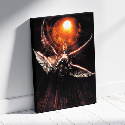 Celestial Fallen Angel Canvas Art – Dark Gothic Fantasy Warrior with Burning Wings, Radiant Sun Halo, Dramatic Cathedral Light, Epic Cinematic Wall Decor