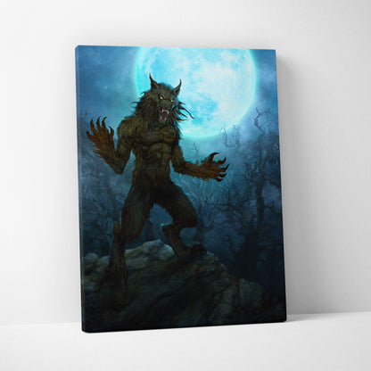 Blue black werewolf canvas wall art features a dark hairy werewolf with glowing yellow eyes under a full blue moon