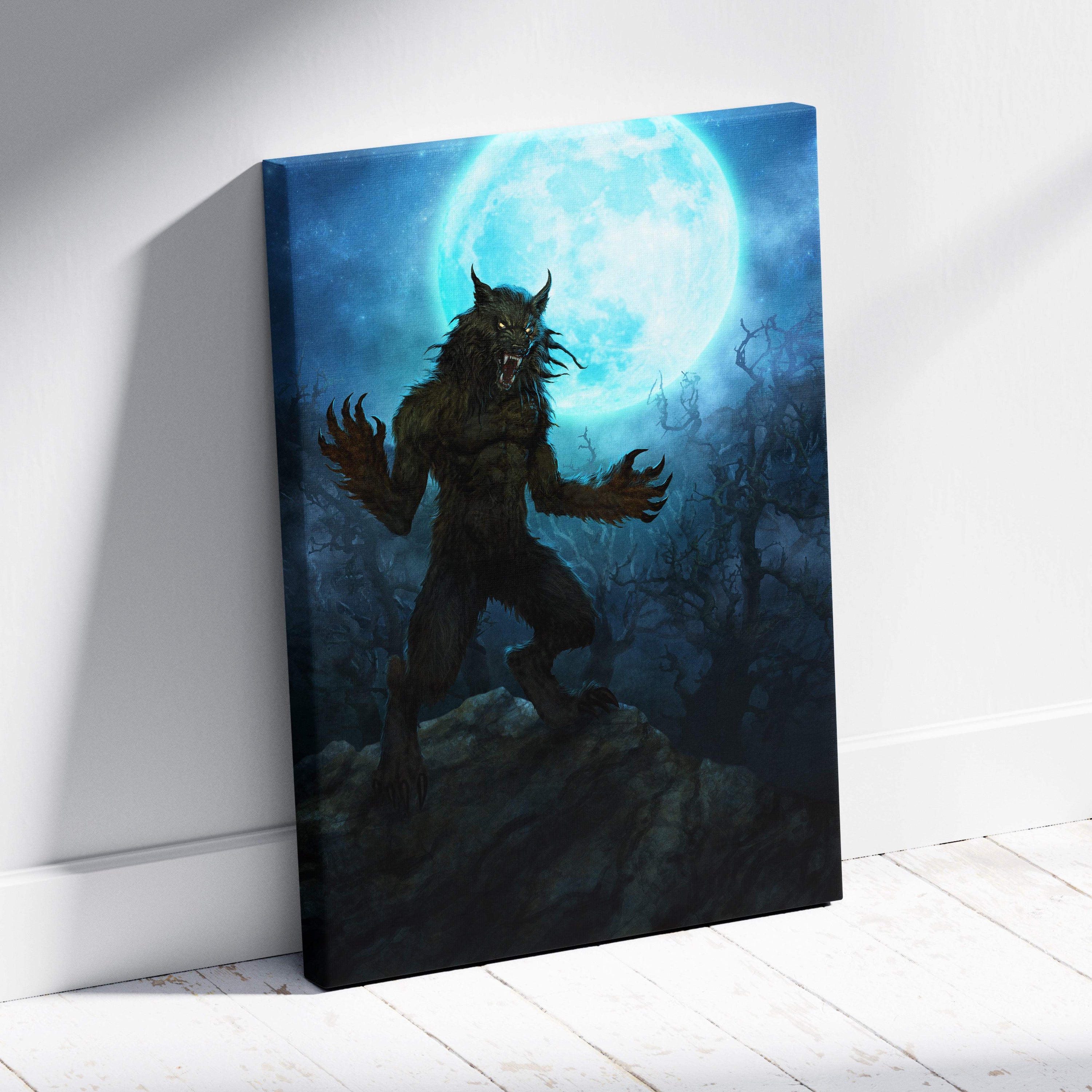 Blue black werewolf canvas wall art features a dark textured print of a menacing werewolf against a glowing full moon