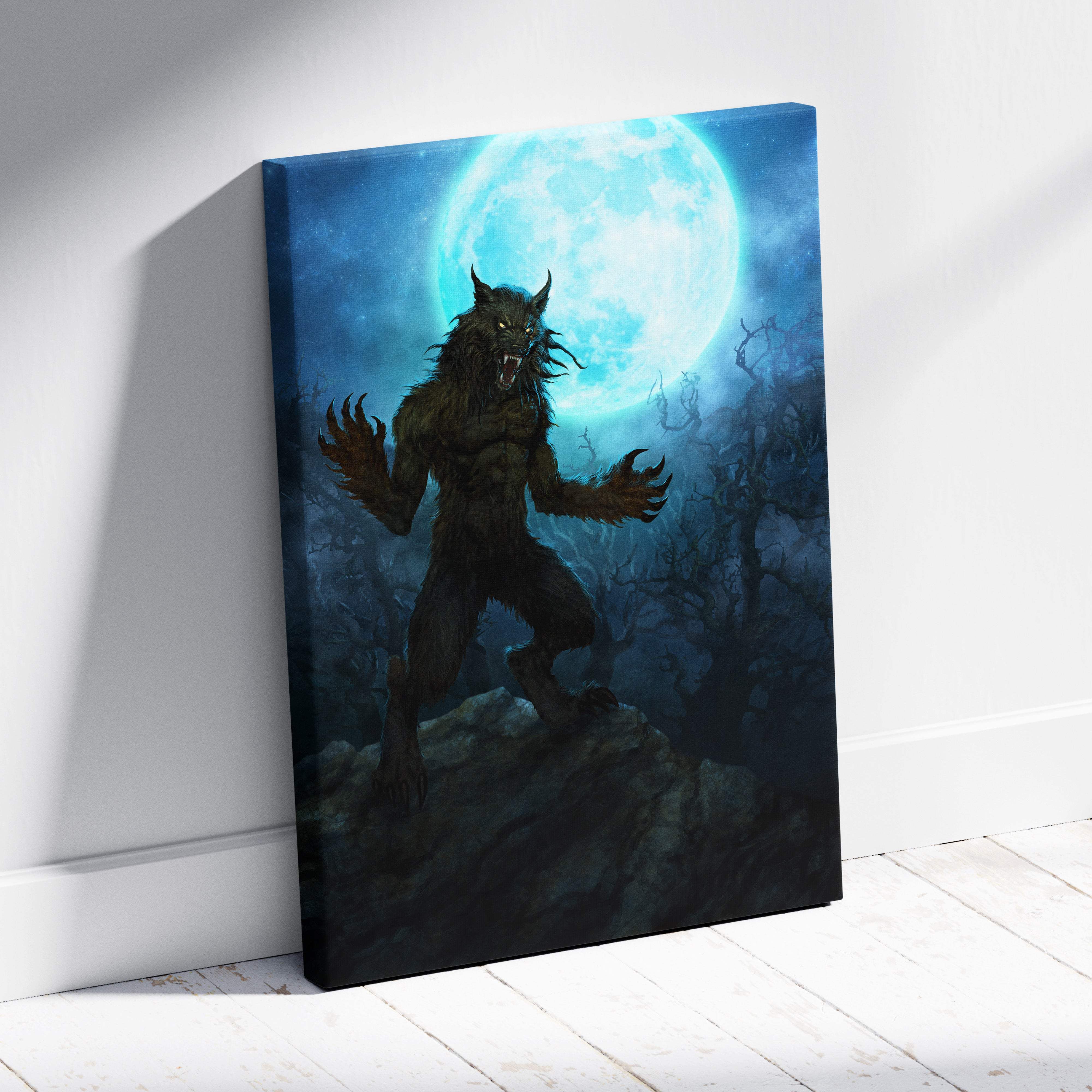 Blue black werewolf canvas wall art features a dark textured print of a menacing werewolf against a glowing full moon