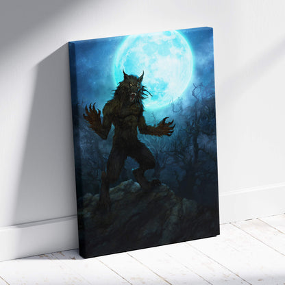 Blue black werewolf canvas wall art features a dark textured print of a menacing werewolf against a glowing full moon